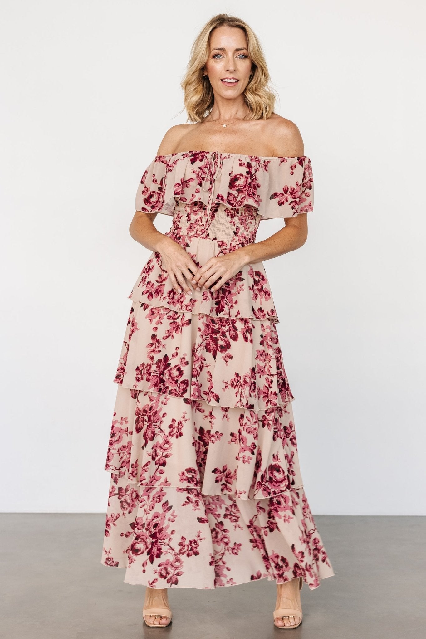 Off Shoulder Maxi Dress for Weddings | Nude Rose Floral Chiffon