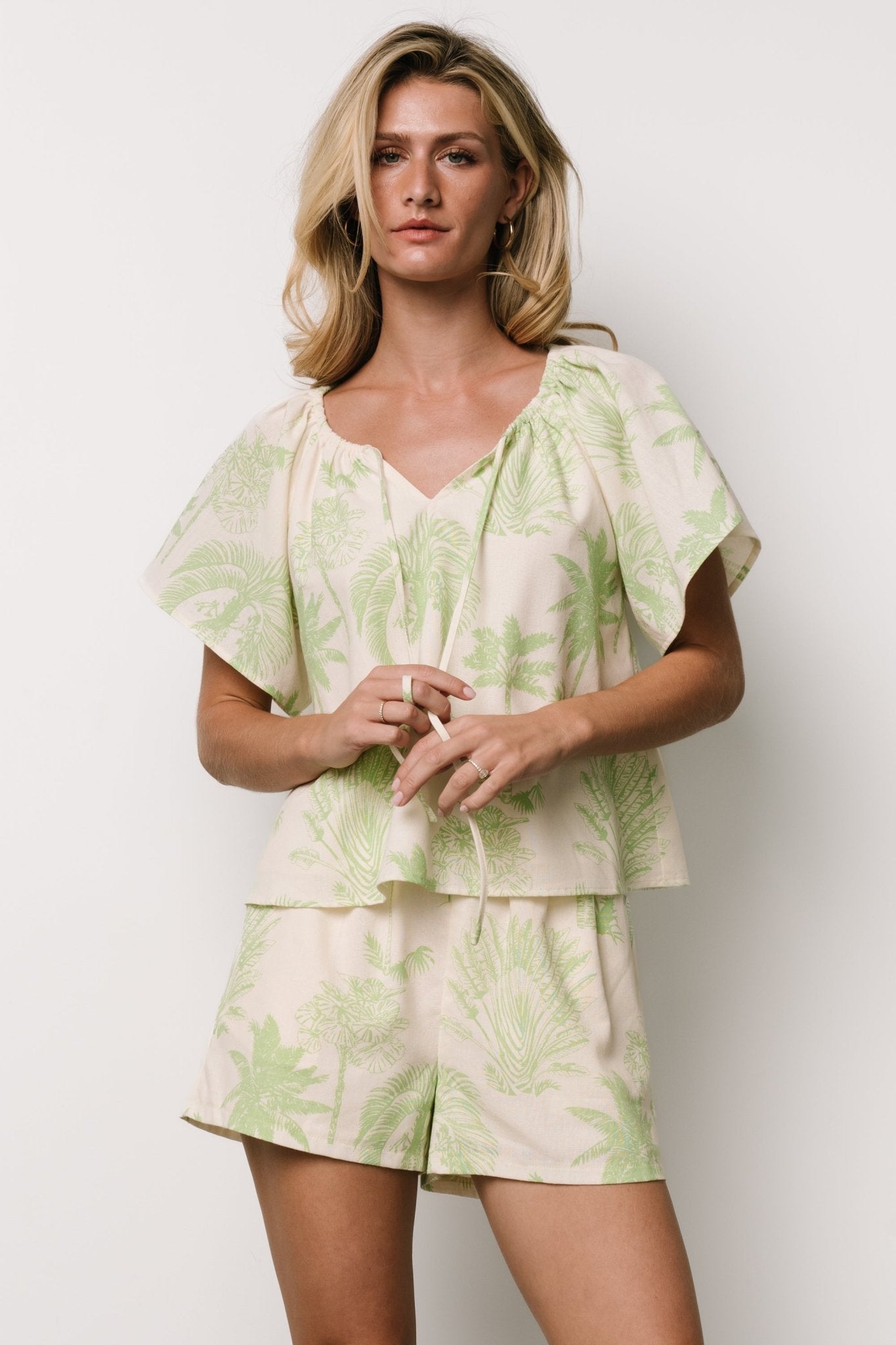 Linen Lounge Set with Palm Print | Carlina Cream & Green