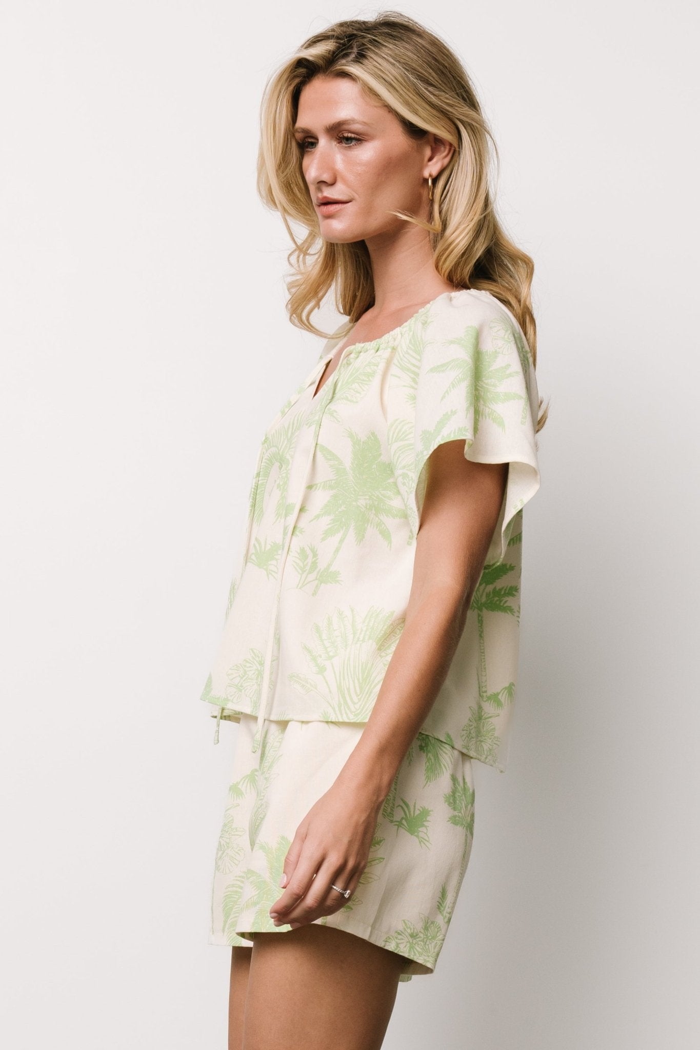 Linen Lounge Set with Palm Print | Carlina Cream & Green