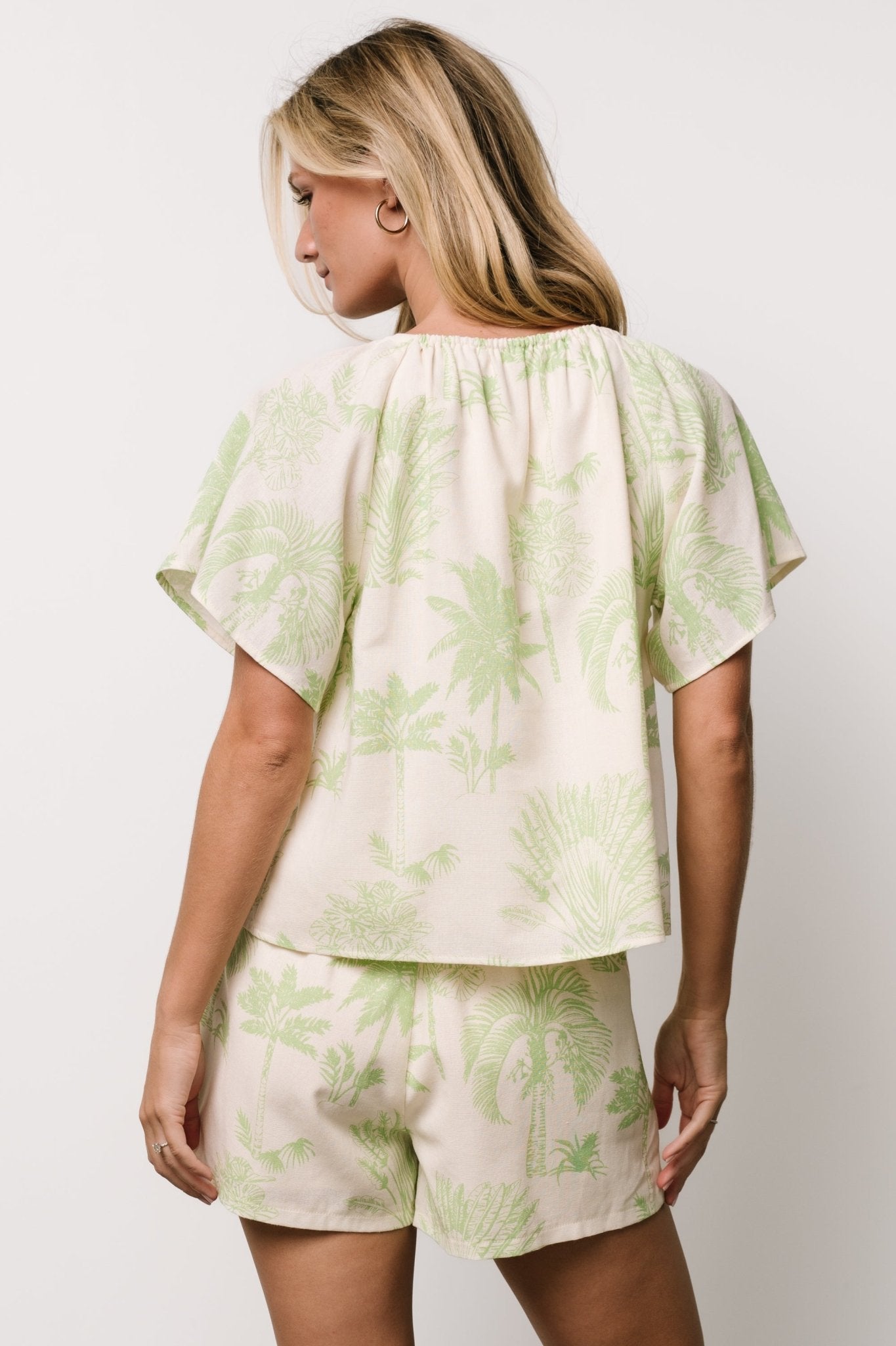 Linen Lounge Set with Palm Print | Carlina Cream & Green