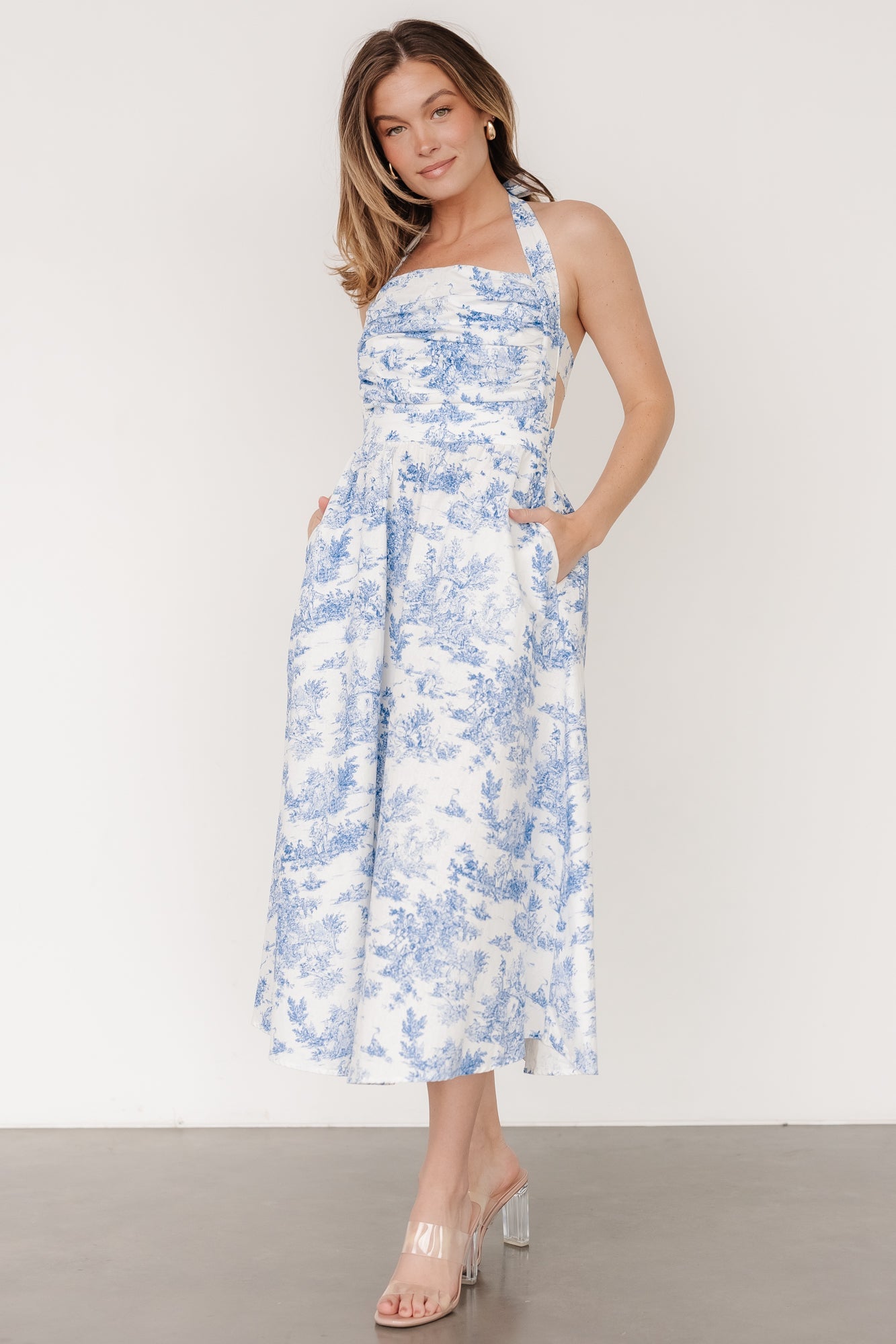 White & Blue Halter Midi Dress with Side Pockets | Carolyn