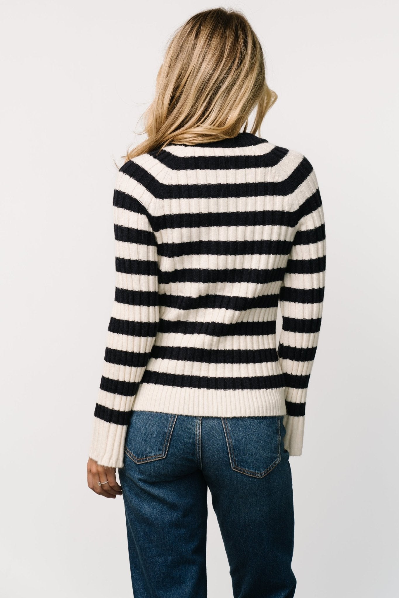 Striped Knit Sweater with High Neck & Raglan Sleeves | Navy & Ivory