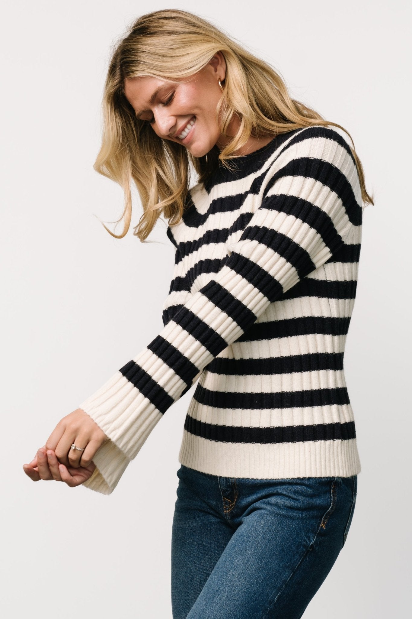 Striped Knit Sweater with High Neck & Raglan Sleeves | Navy & Ivory