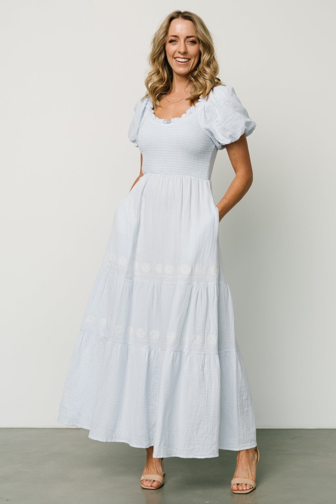 Light Blue Cotton Maxi Dress with Smocked Bodice & Puff Sleeves | Carrington