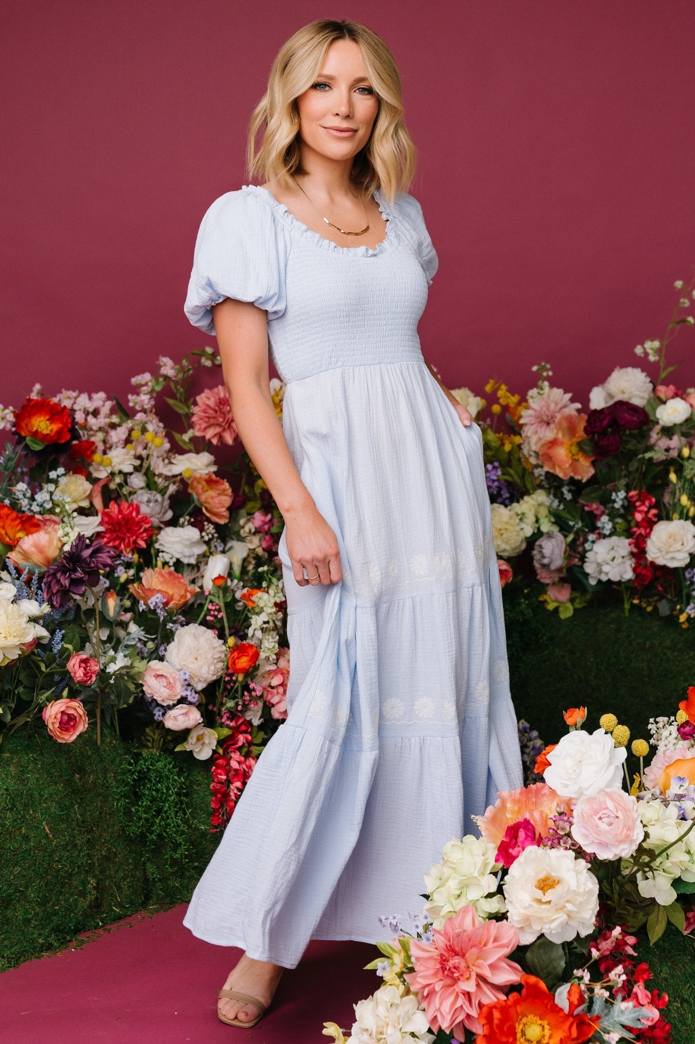 Light Blue Cotton Maxi Dress with Smocked Bodice & Puff Sleeves | Carrington