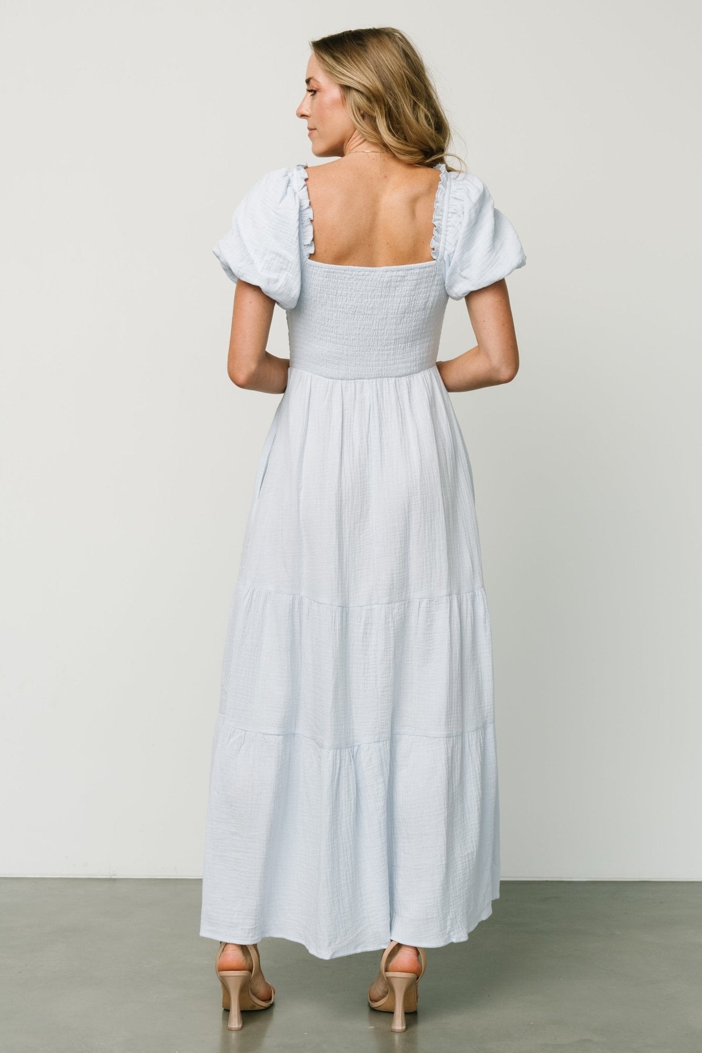 Light Blue Cotton Maxi Dress with Smocked Bodice & Puff Sleeves | Carrington