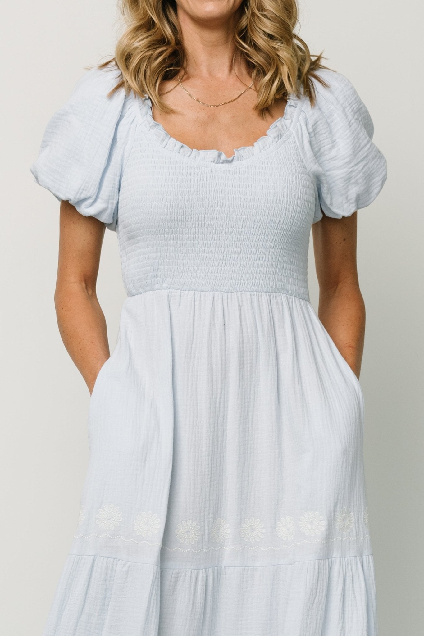 Light Blue Cotton Maxi Dress with Smocked Bodice & Puff Sleeves | Carrington