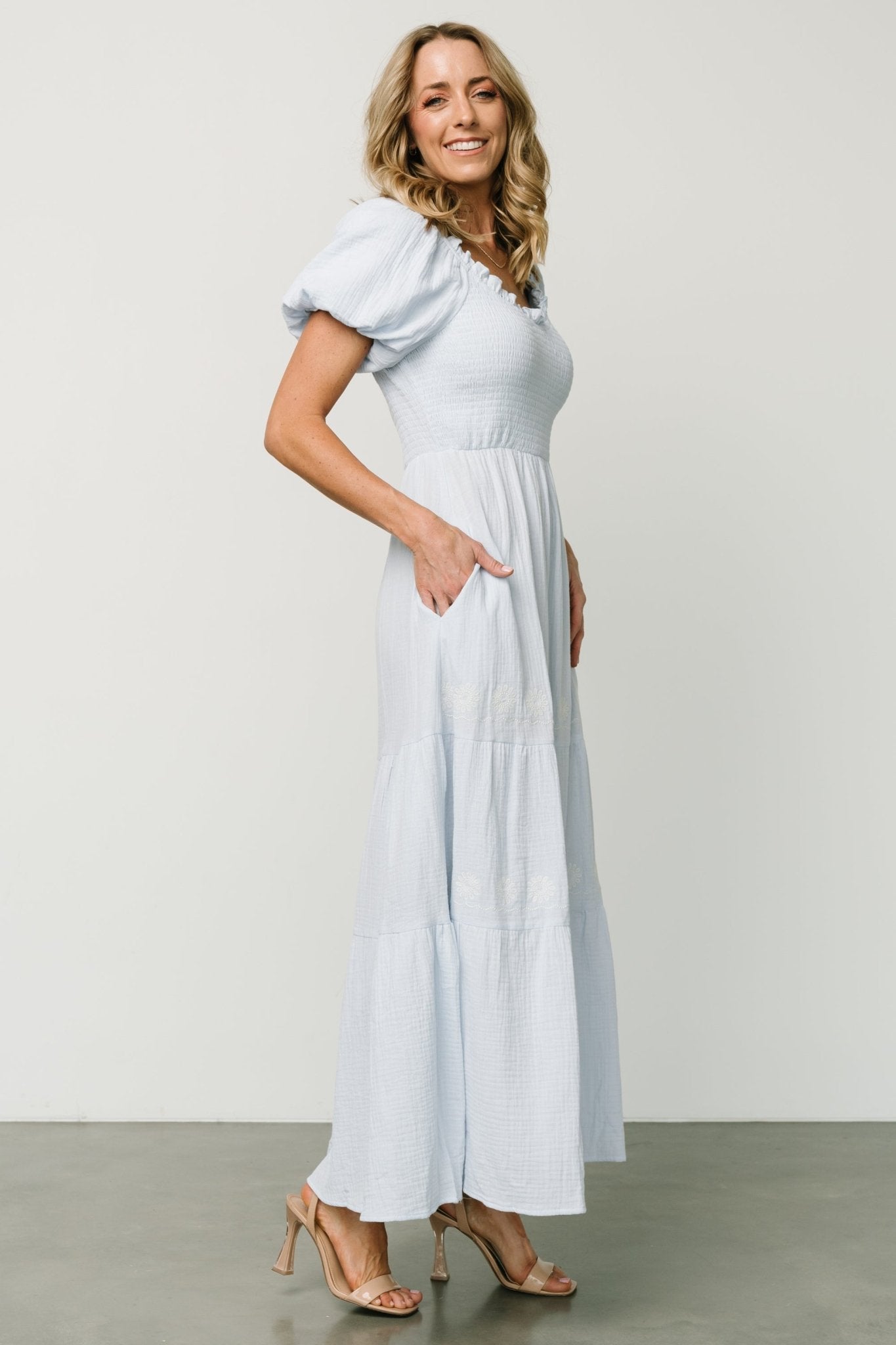 Light Blue Cotton Maxi Dress with Smocked Bodice & Puff Sleeves | Carrington