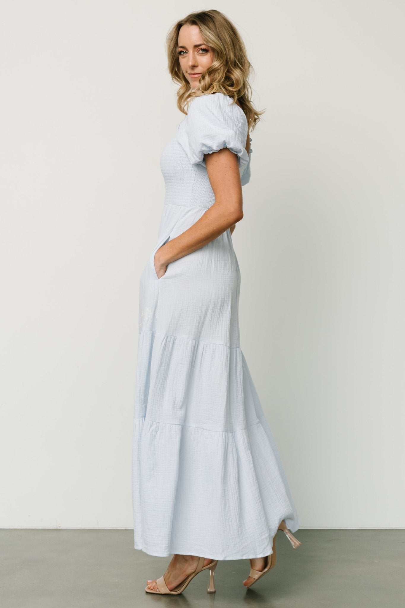 Light Blue Cotton Maxi Dress with Smocked Bodice & Puff Sleeves | Carrington