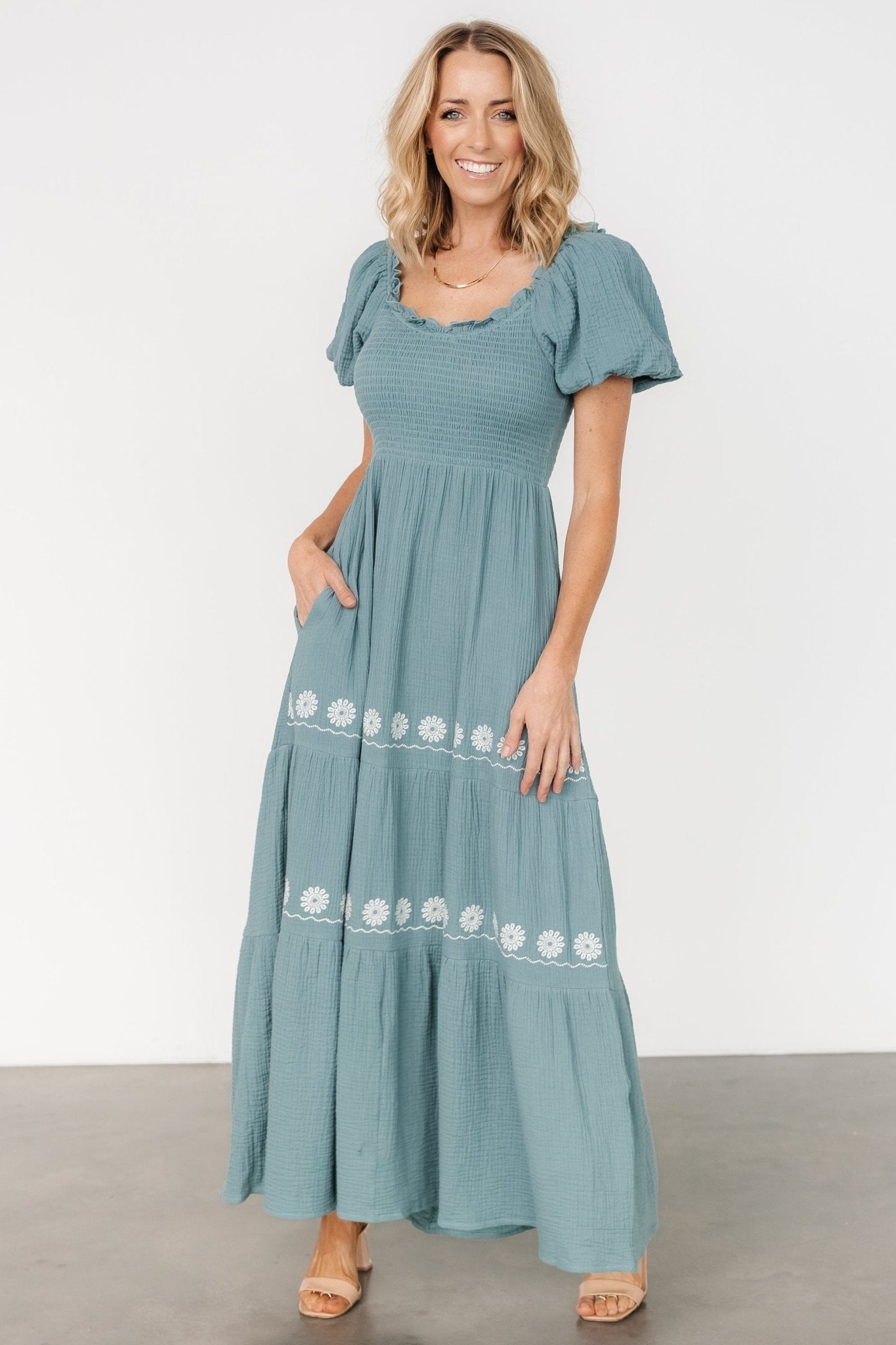 Vintage Teal Maxi Dress with Smocked Bodice & Hidden Pockets | Carrington