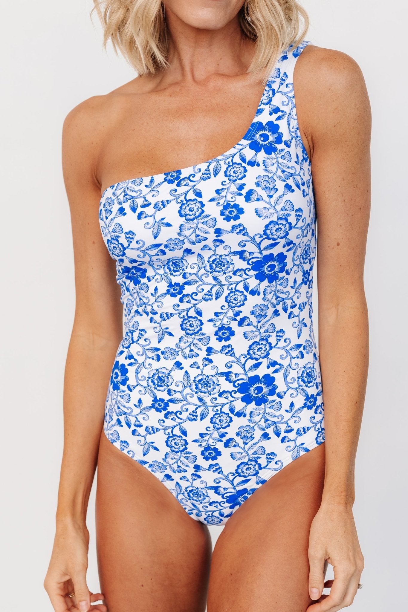 White & Cobalt Floral One Piece Swimsuit with Keyhole Back | Baltic Born