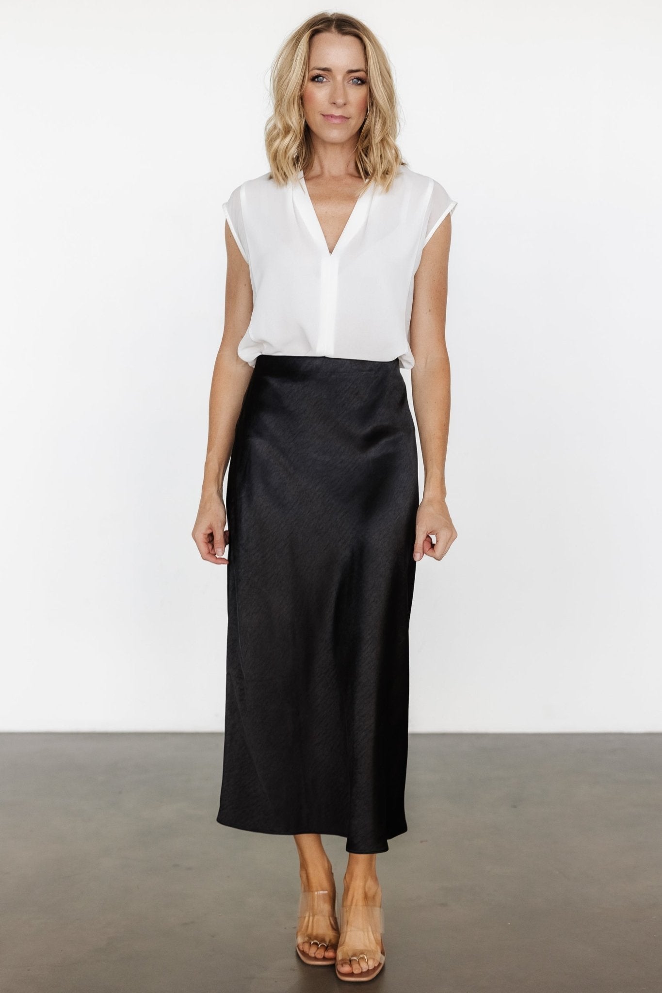 Black Satin Midi Skirt with Elastic Waistband | Celeste