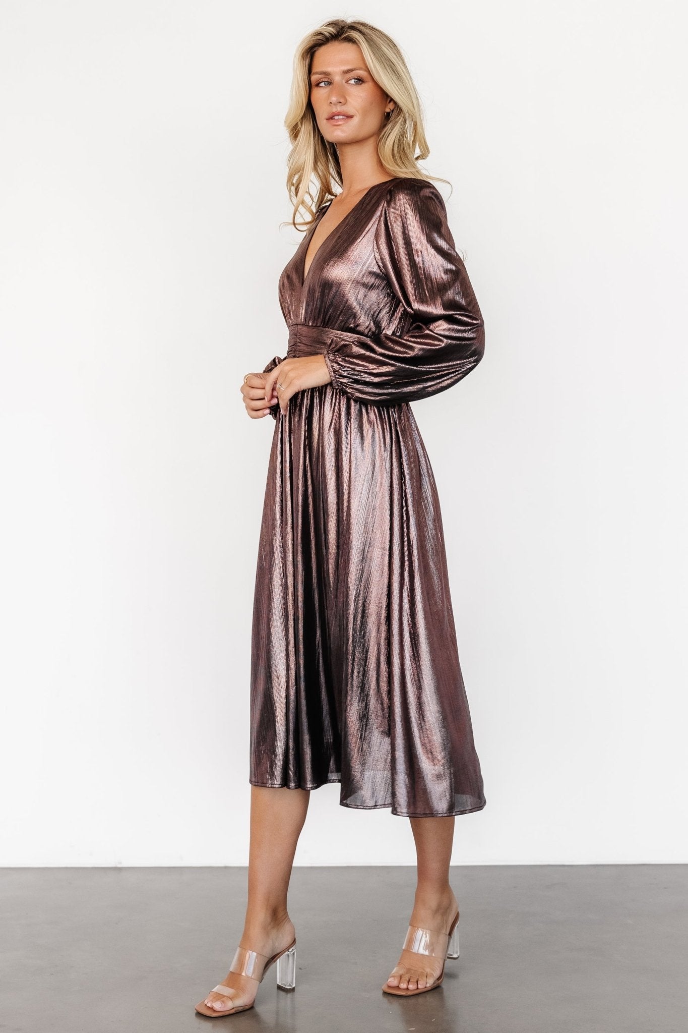 Shimmering Bronze Midi Dress with Puffed Sleeves & V-Neck | Aisha