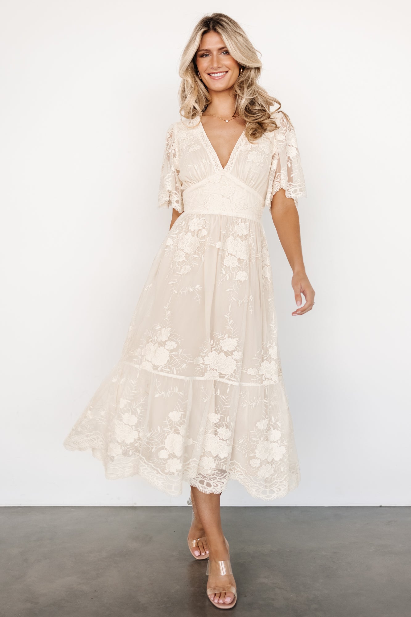Vintage Cream Lace Midi Dress with V-Neck & Scalloped Edges | Baltic Born