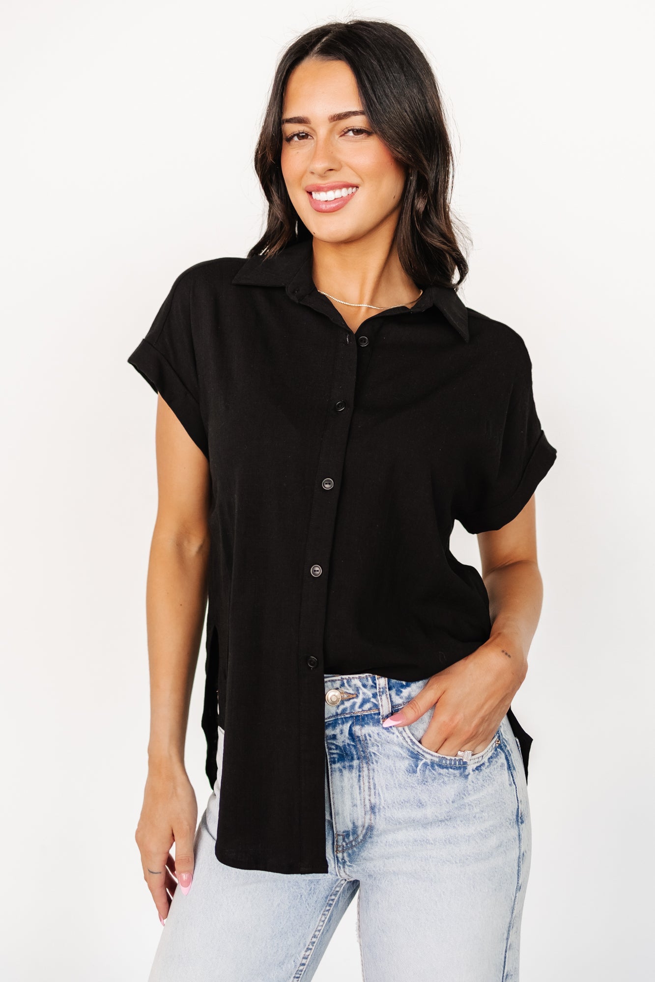Black Linen Blend Button Up Top with Dolman Sleeves | Clarke