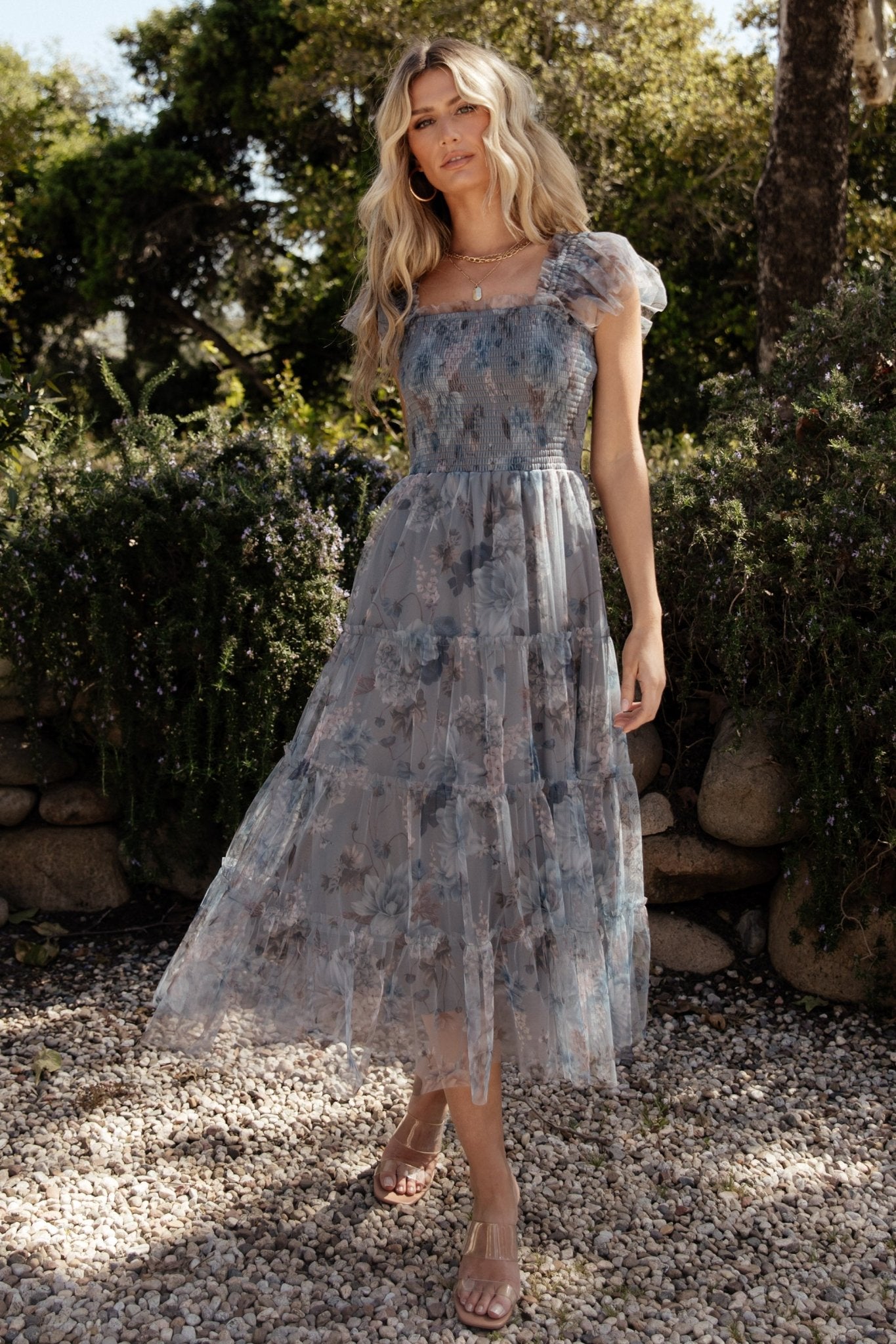 Dusty Blue Floral Tulle Midi Dress with Smocked Bodice | Baltic Born