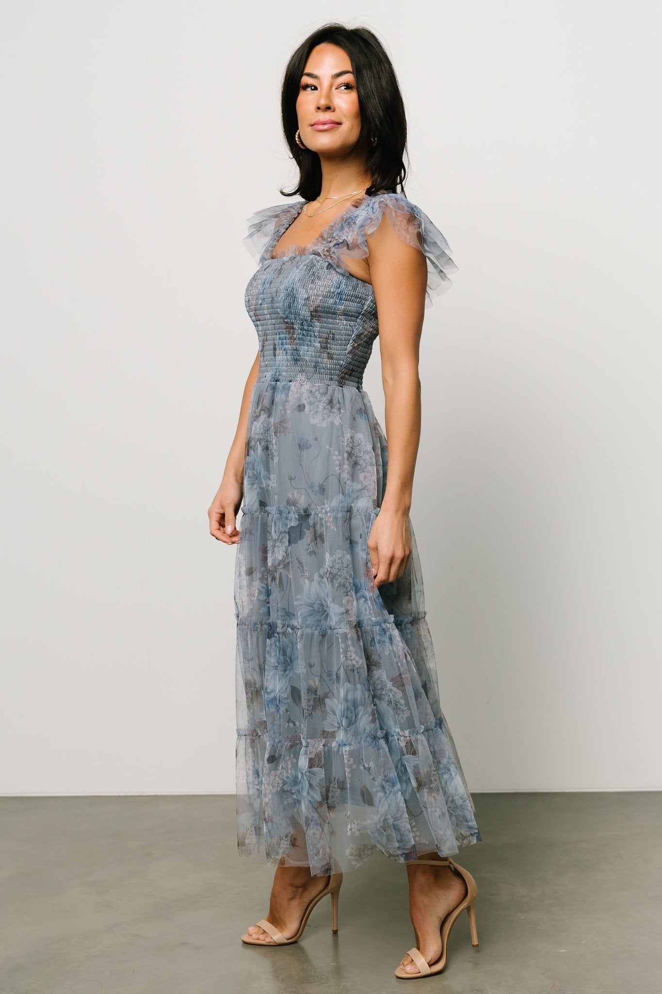 Dusty Blue Floral Tulle Midi Dress with Smocked Bodice | Baltic Born