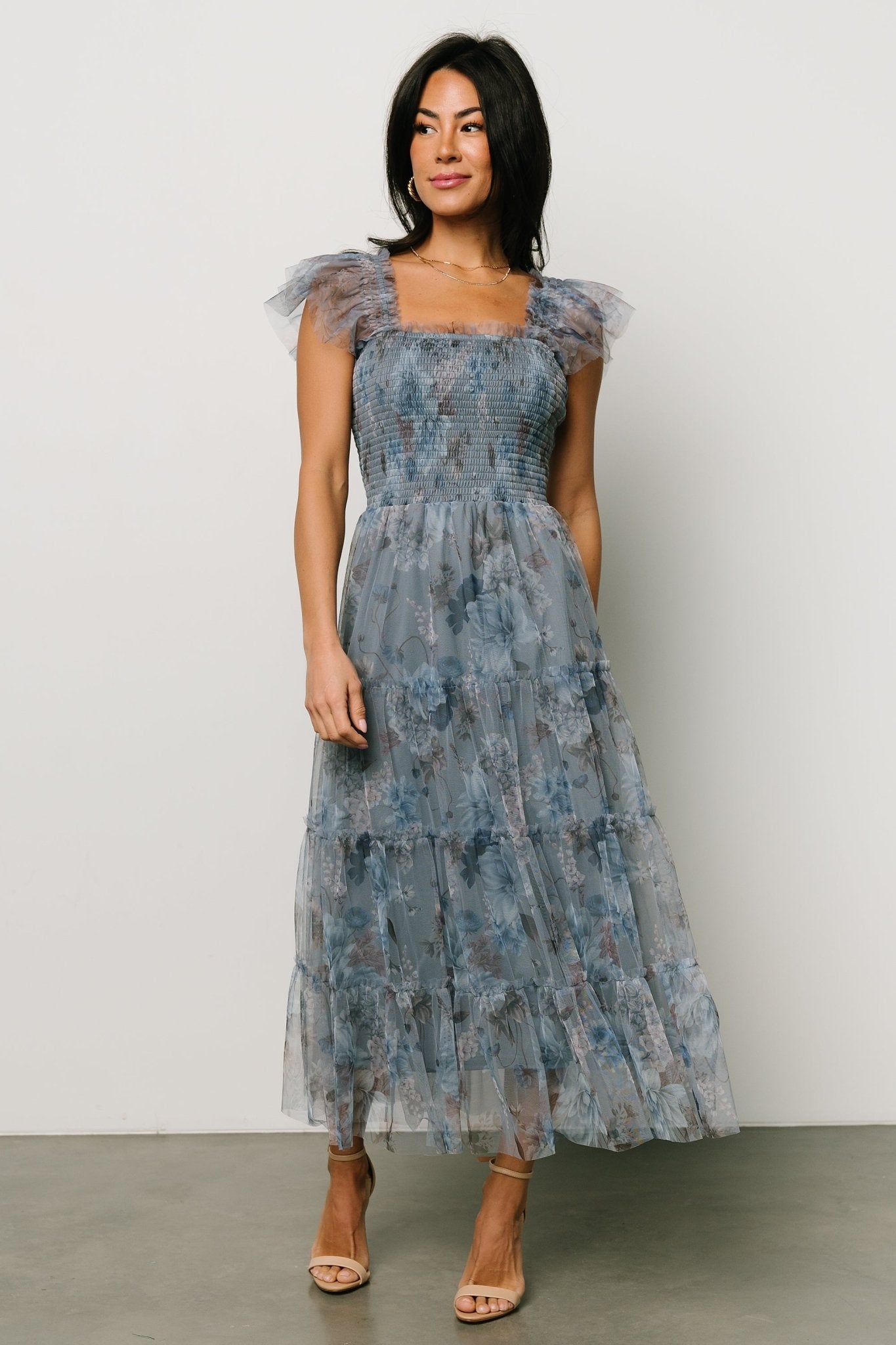 Dusty Blue Floral Tulle Midi Dress with Smocked Bodice | Baltic Born
