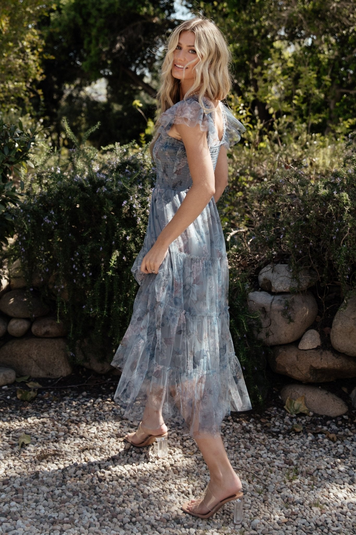 Dusty Blue Floral Tulle Midi Dress with Smocked Bodice | Baltic Born
