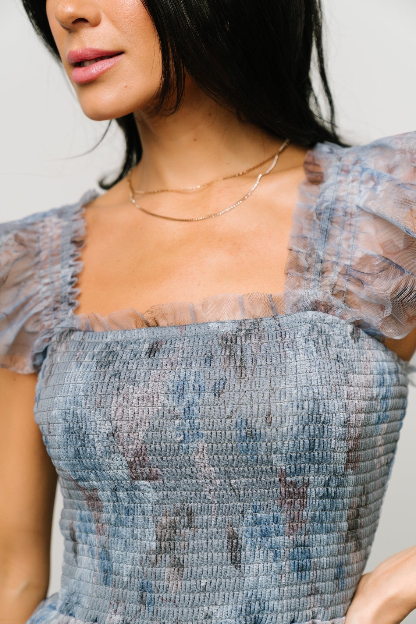 Dusty Blue Floral Tulle Midi Dress with Smocked Bodice | Baltic Born