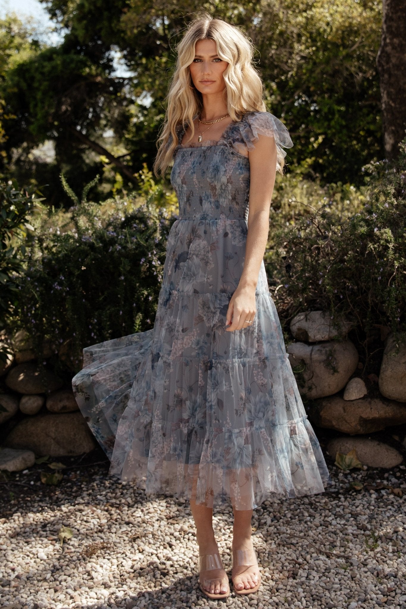 Dusty Blue Floral Tulle Midi Dress with Smocked Bodice | Baltic Born