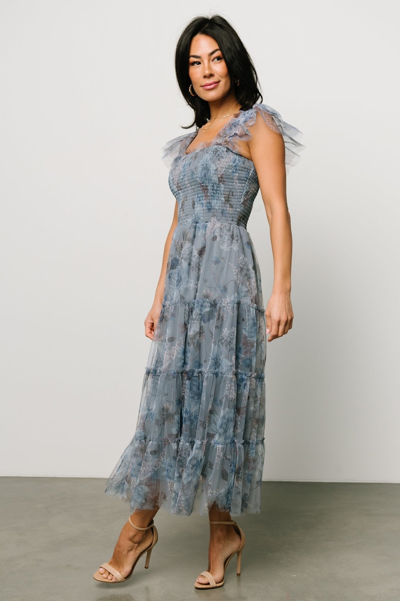 Dusty Blue Floral Tulle Midi Dress with Smocked Bodice | Baltic Born