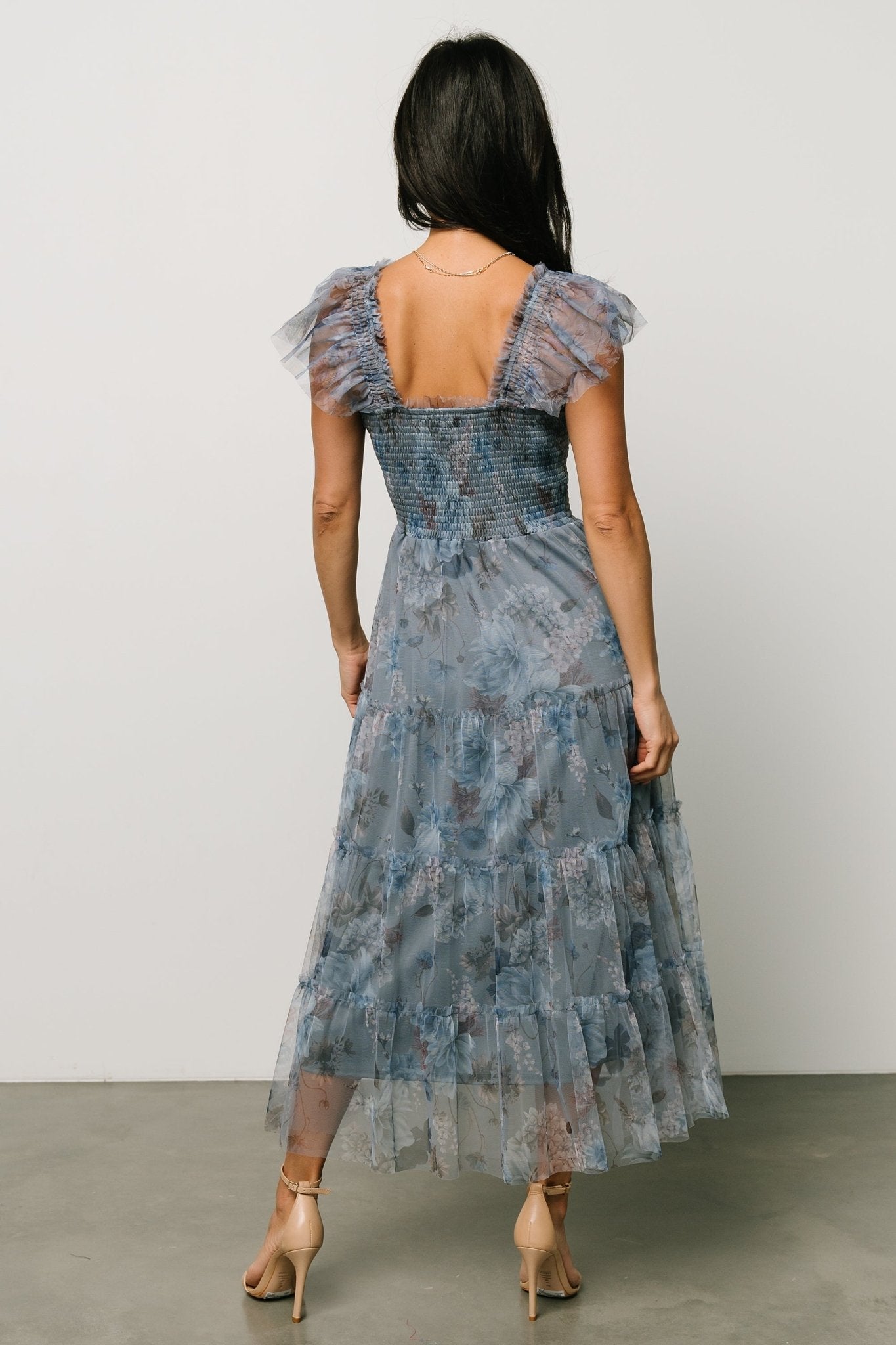 Dusty Blue Floral Tulle Midi Dress with Smocked Bodice | Baltic Born