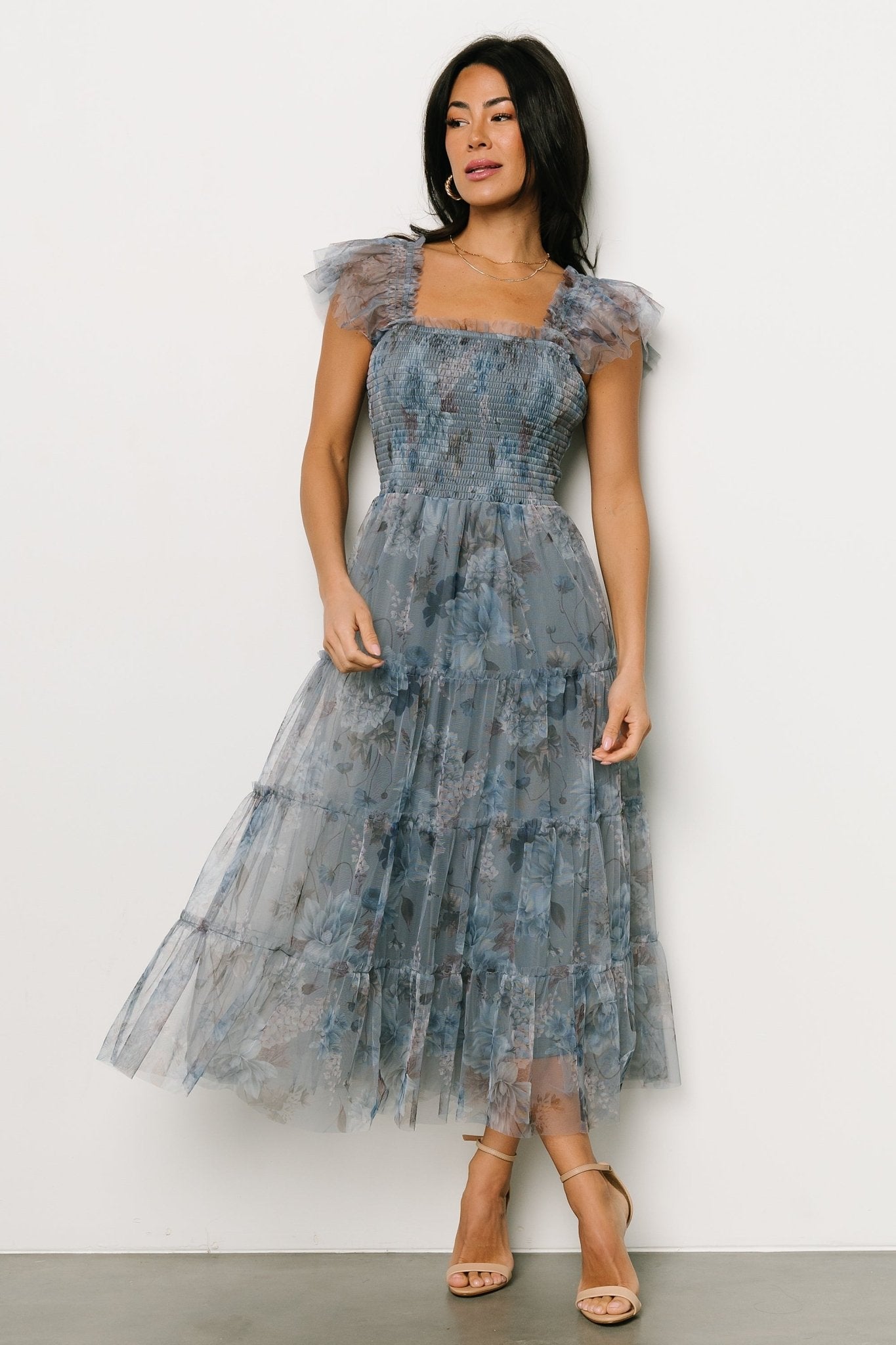 Dusty Blue Floral Tulle Midi Dress with Smocked Bodice | Baltic Born