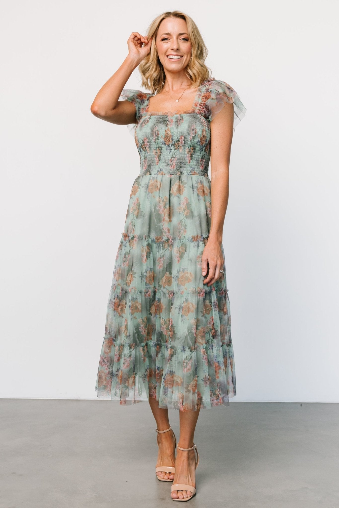 Sage Green Floral Tulle Midi Dress with Smocked Bodice | Baltic Born
