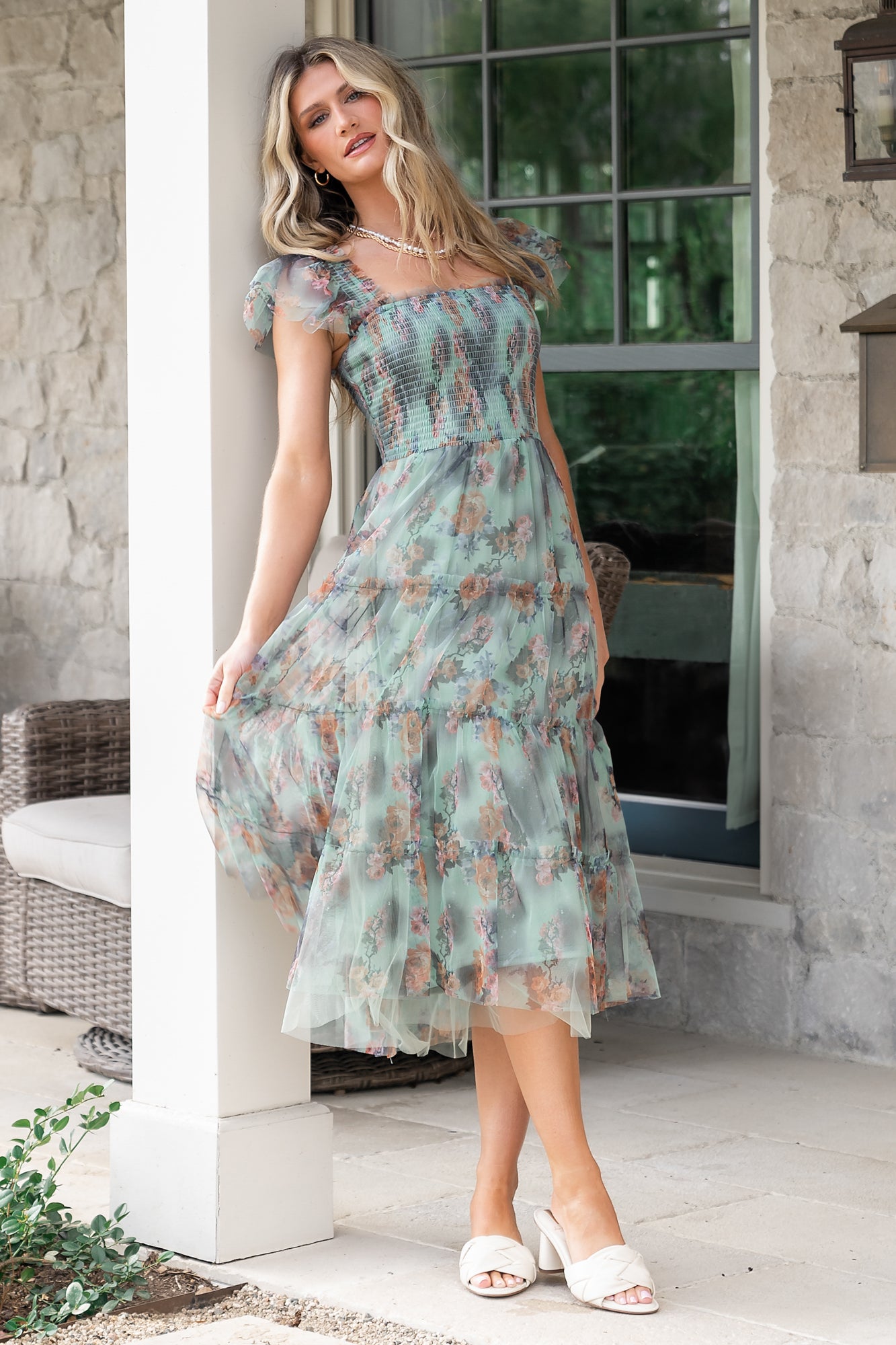 Sage Green Floral Tulle Midi Dress with Smocked Bodice | Baltic Born