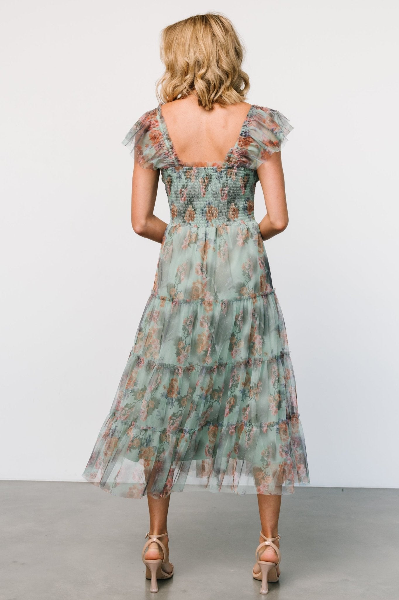 Sage Green Floral Tulle Midi Dress with Smocked Bodice | Baltic Born