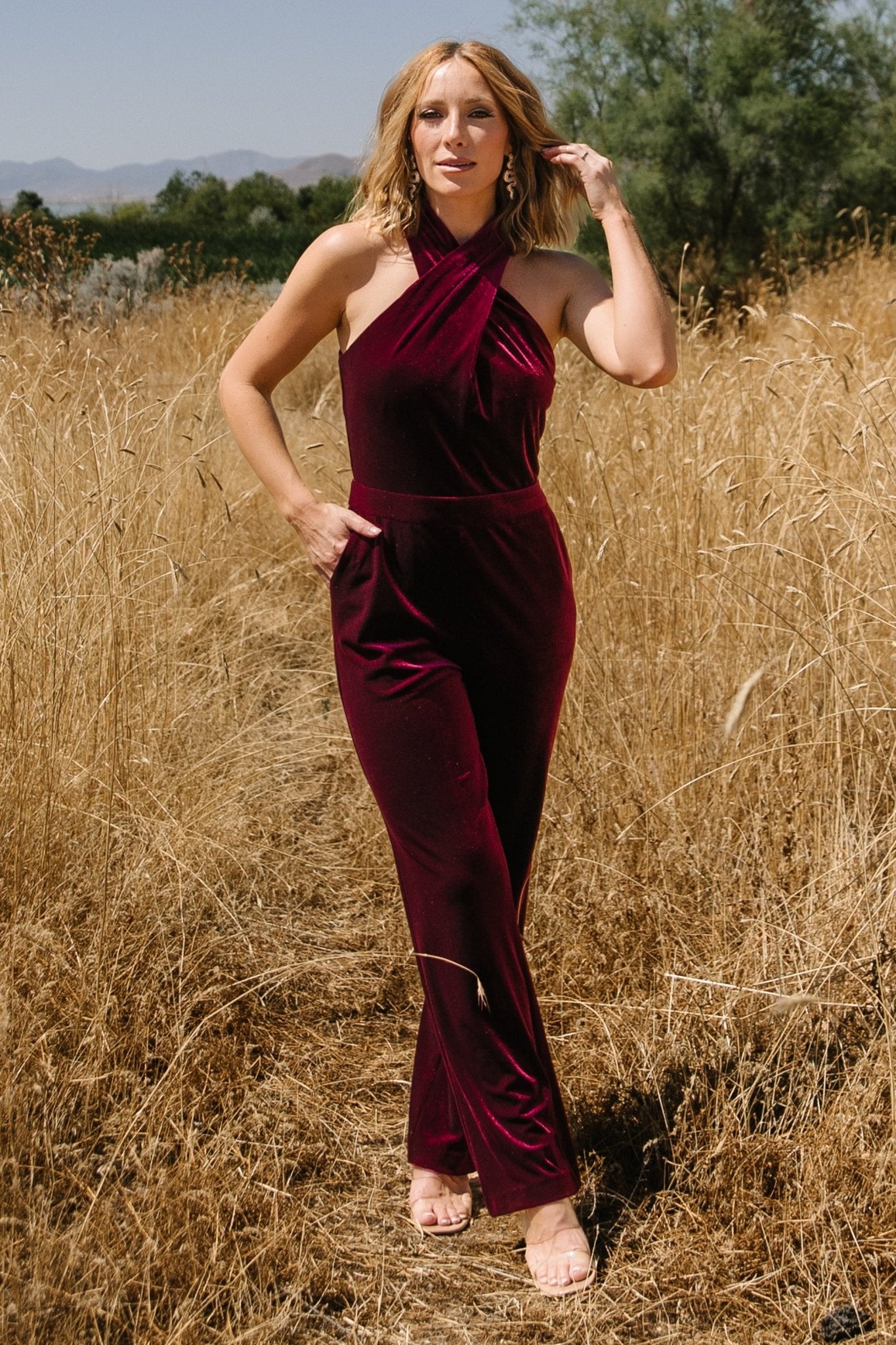 Burgundy Velvet Jumpsuit with Halter Neck & Hidden Zipper | Cleopatra Style