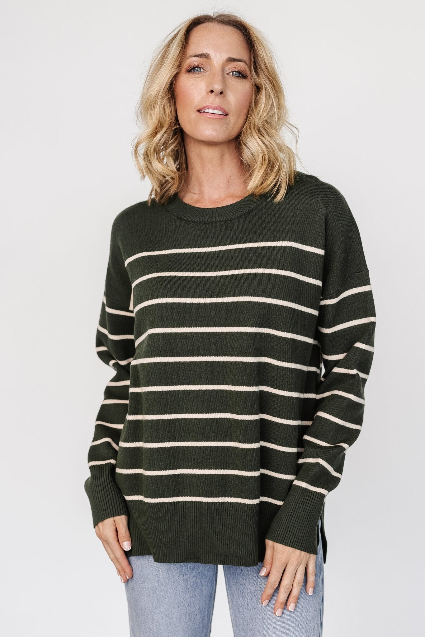 Striped Knit Sweater in Deep Pine Green | Soft & Bump-Friendly