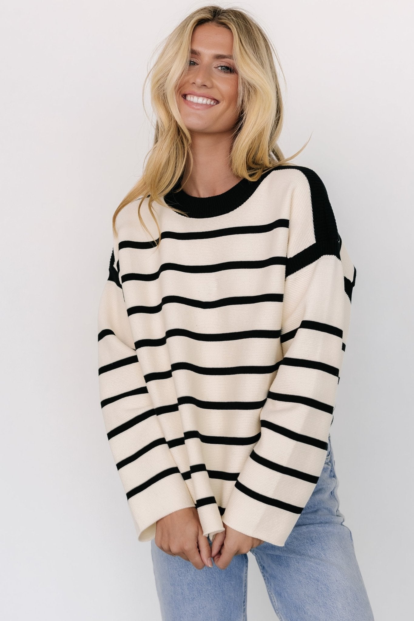 Cozy Striped Sweater with Ribbed Detailing | Cream & Black