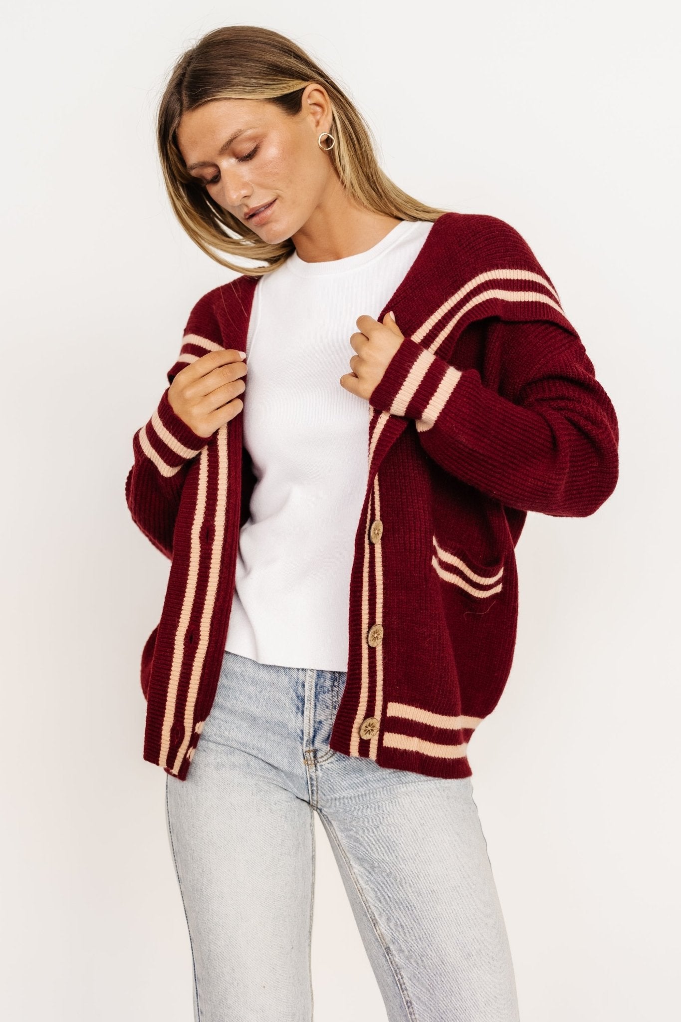 Burgundy Knit Cardigan with Front Pockets & Ribbed Details | Baltic Born