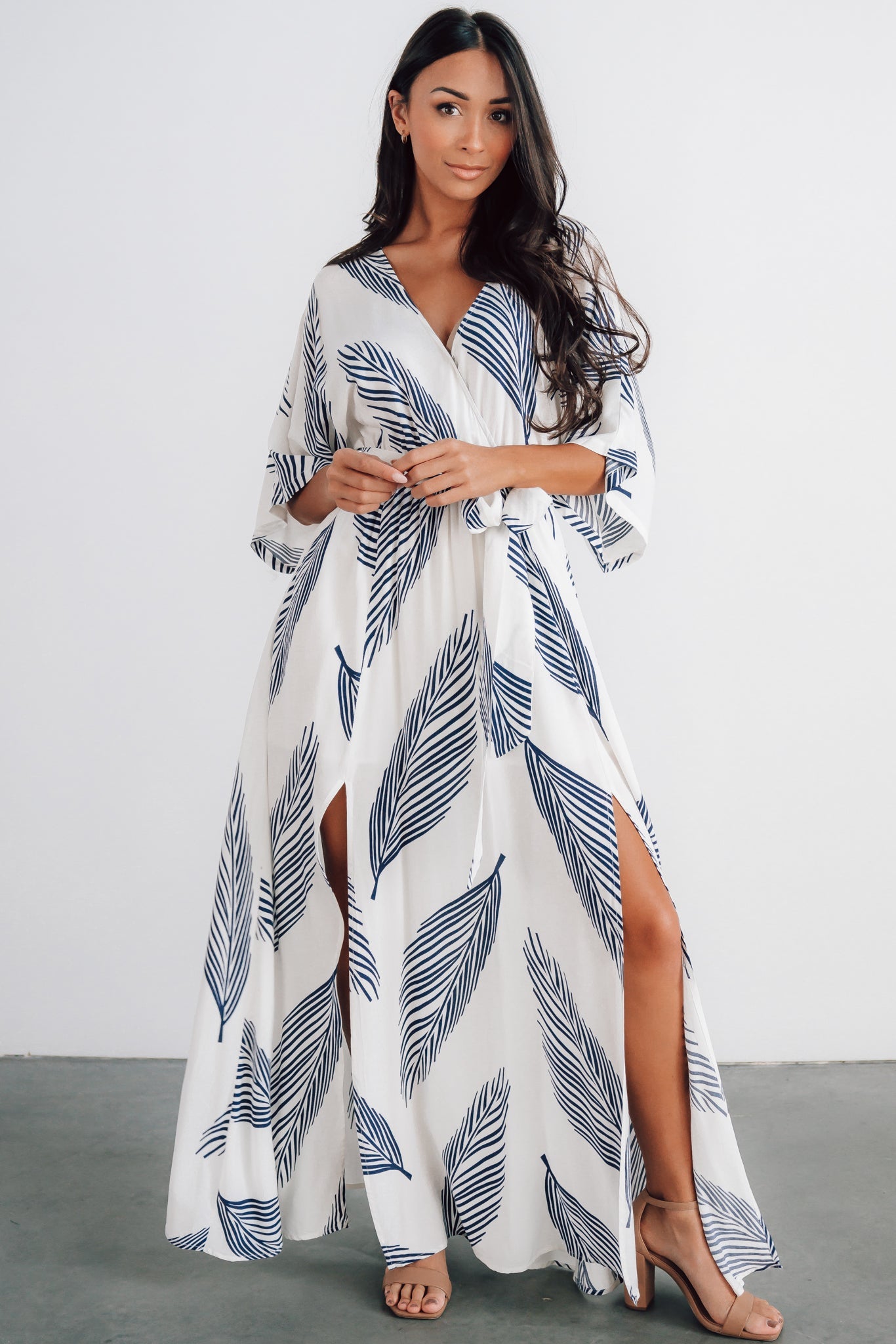 Navy Leaf Print Maxi Dress with Kimono Sleeves | Baltic Born