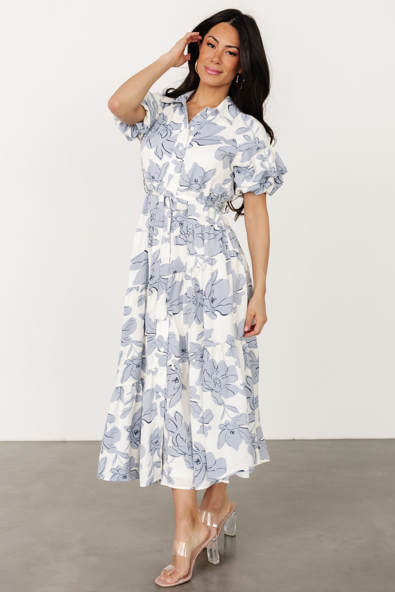 Floral Tiered Midi Dress with Puff Sleeves & Adjustable Waist | Baltic Born