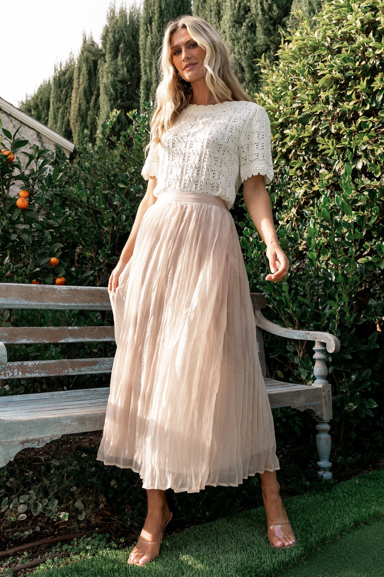 Flowy Midi Skirt with Smocked Waist & Pleats | Cyra in Natural