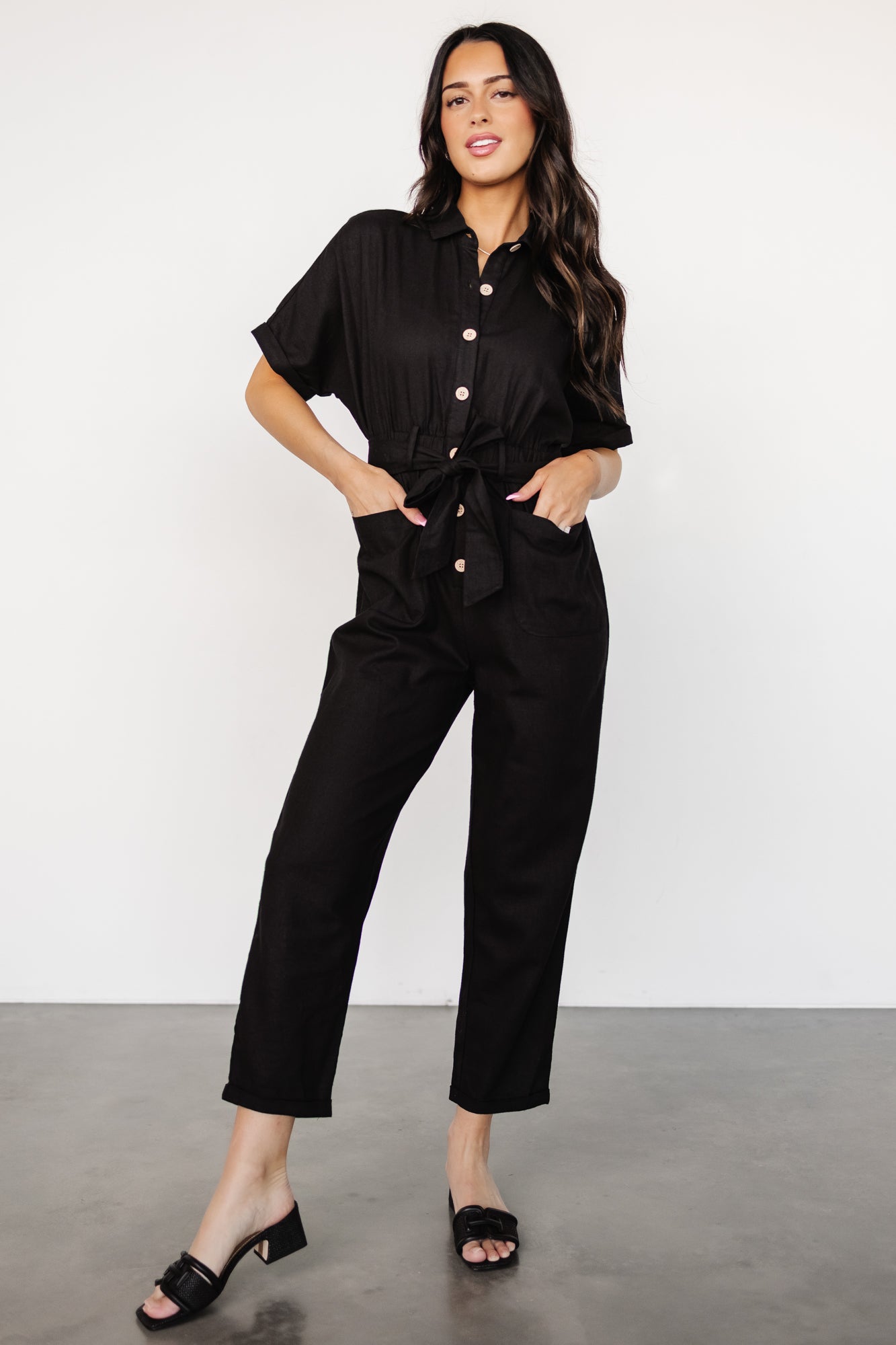 Black Linen Button-Up Jumpsuit with Belt Loops | Baltic Born