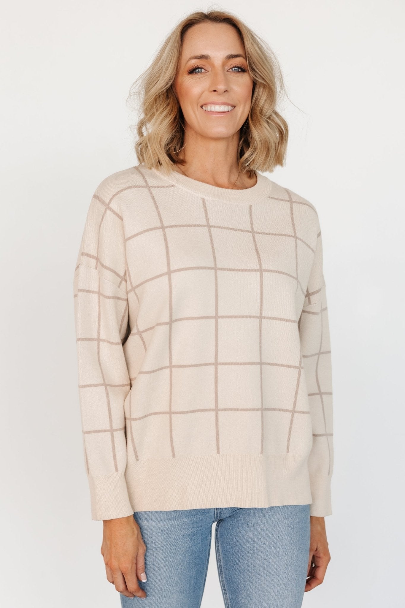 Oatmeal & Taupe Knit Sweater for Women | Loose Fit & Bump Friendly | Alden