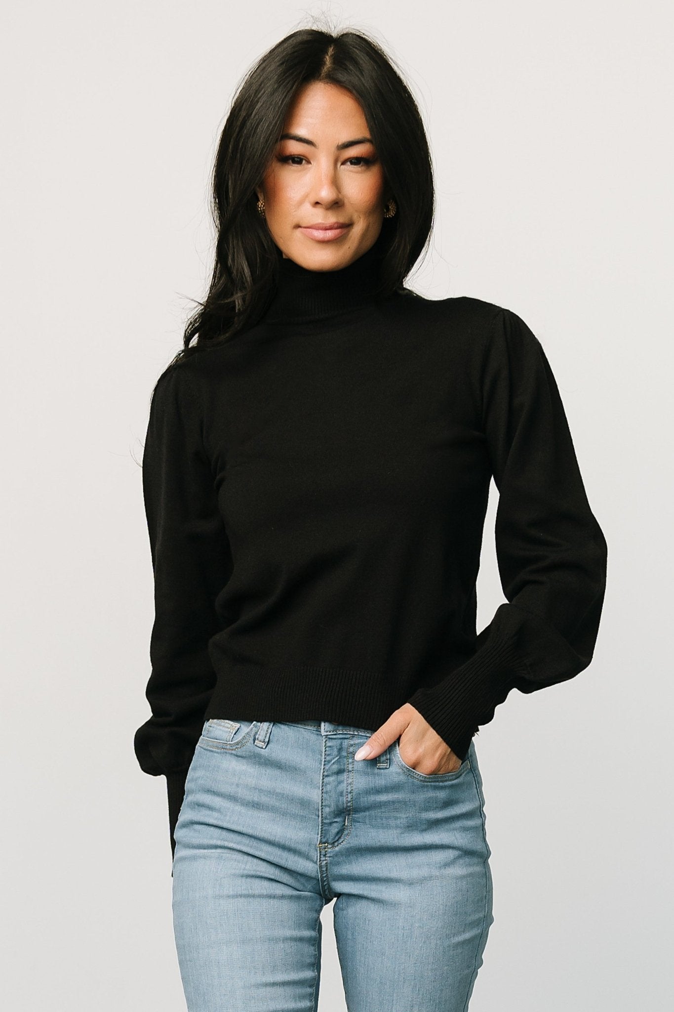 Black Ribbed Turtleneck Knit Top with Bubble Sleeves | Danica