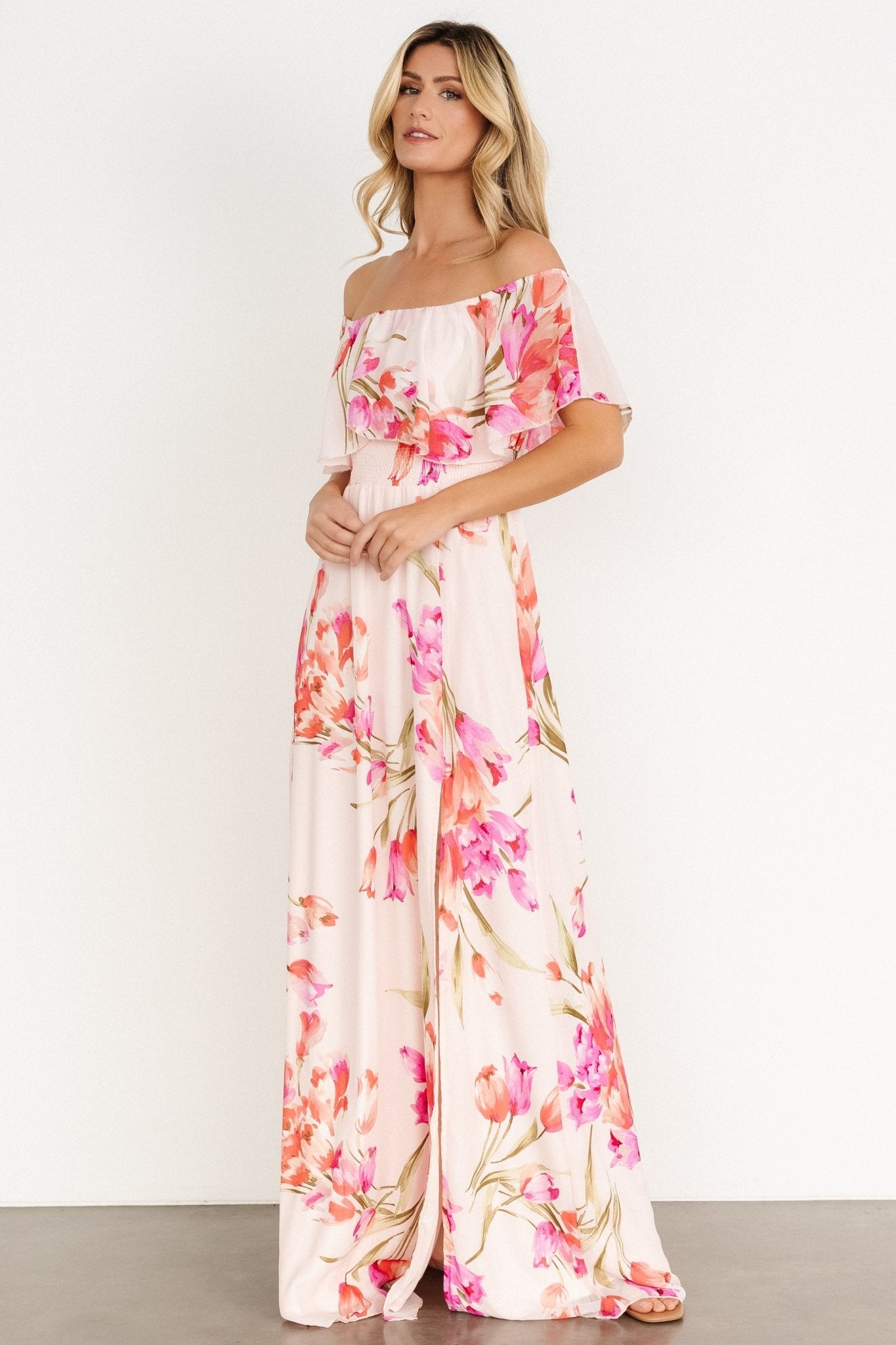 Off Shoulder Floral Maxi Dress with Smocked Waist | Baltic Born