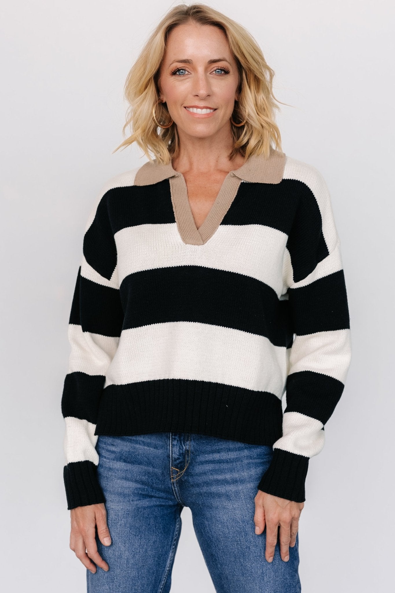Striped V-Neck Sweater with Ribbed Cuffs | Black & Ivory