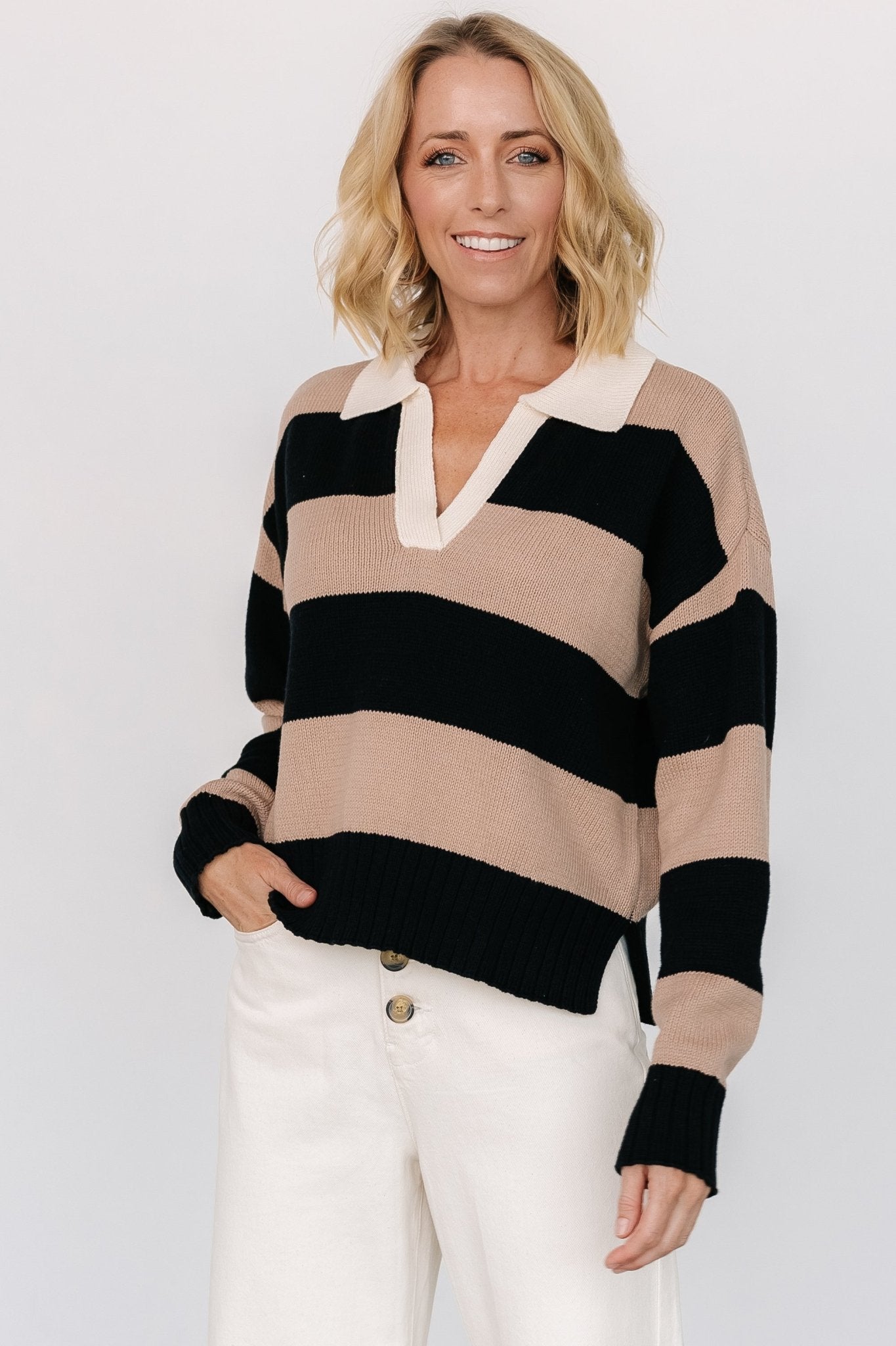 Striped Cotton Sweater with V-Neck & Ribbed Cuffs | Alec