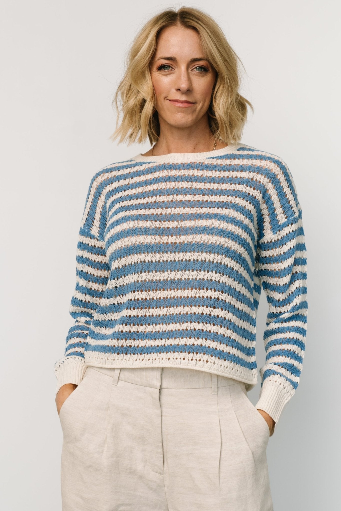 Lightweight Open Knit Top with Dropped Shoulder | Dawn Blue & Ivory