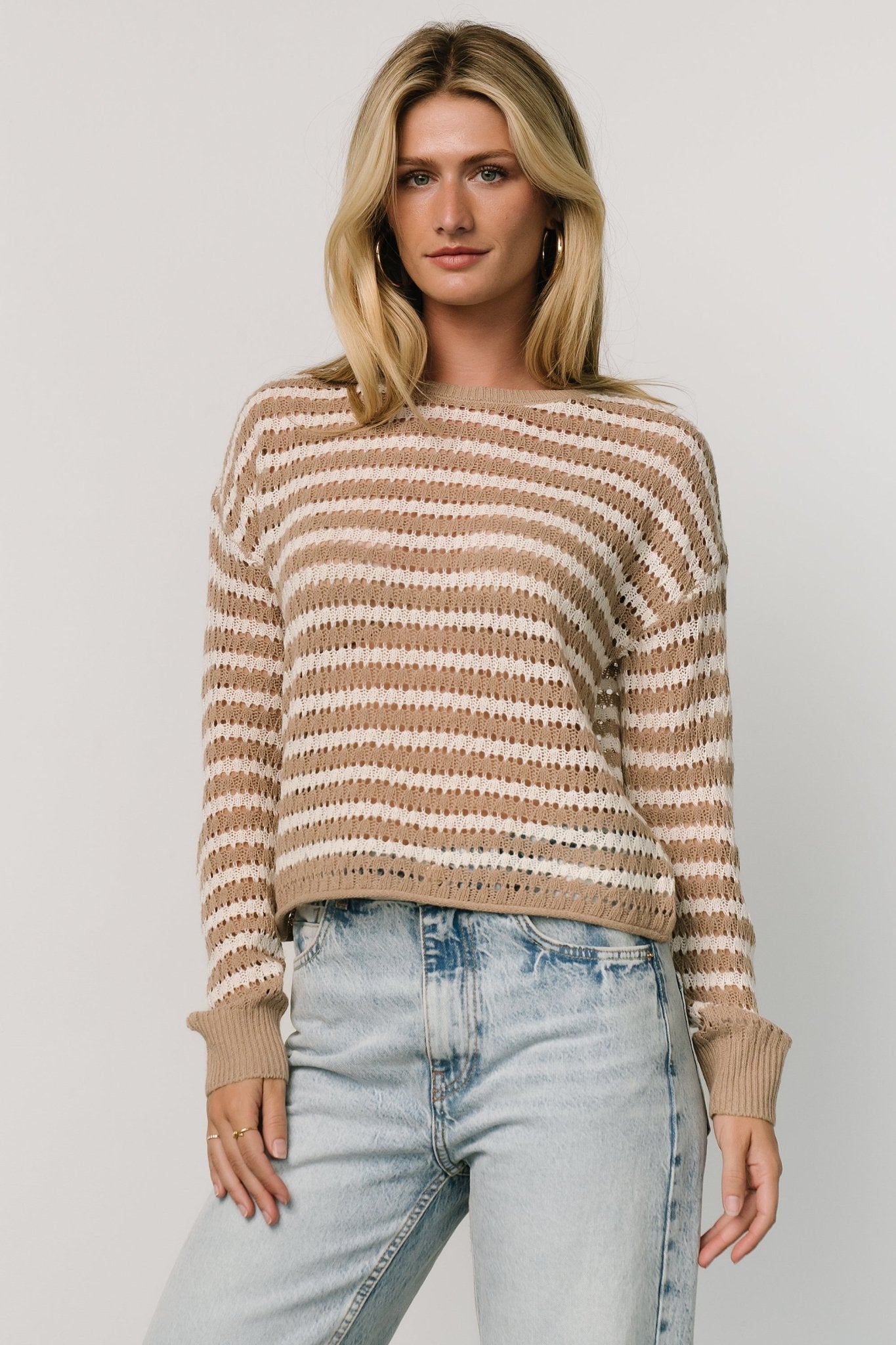 Lightweight Open Knit Top with Dropped Shoulder | Dawn Taupe & Ivory