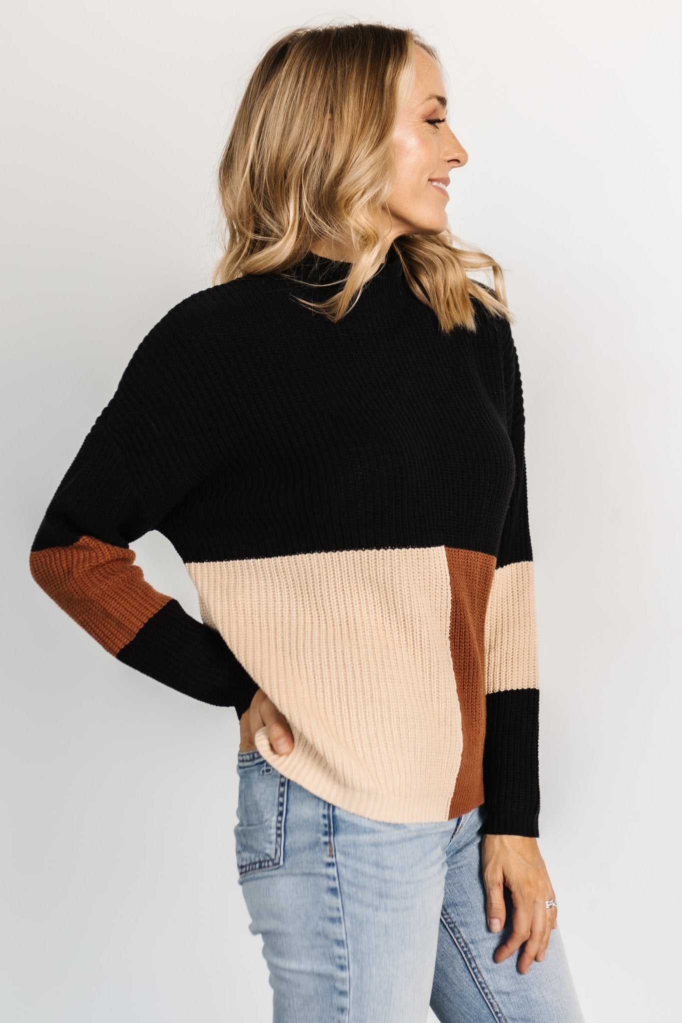 Color Block Knit Sweater with Mock Neck & Drop Shoulders | Dawson