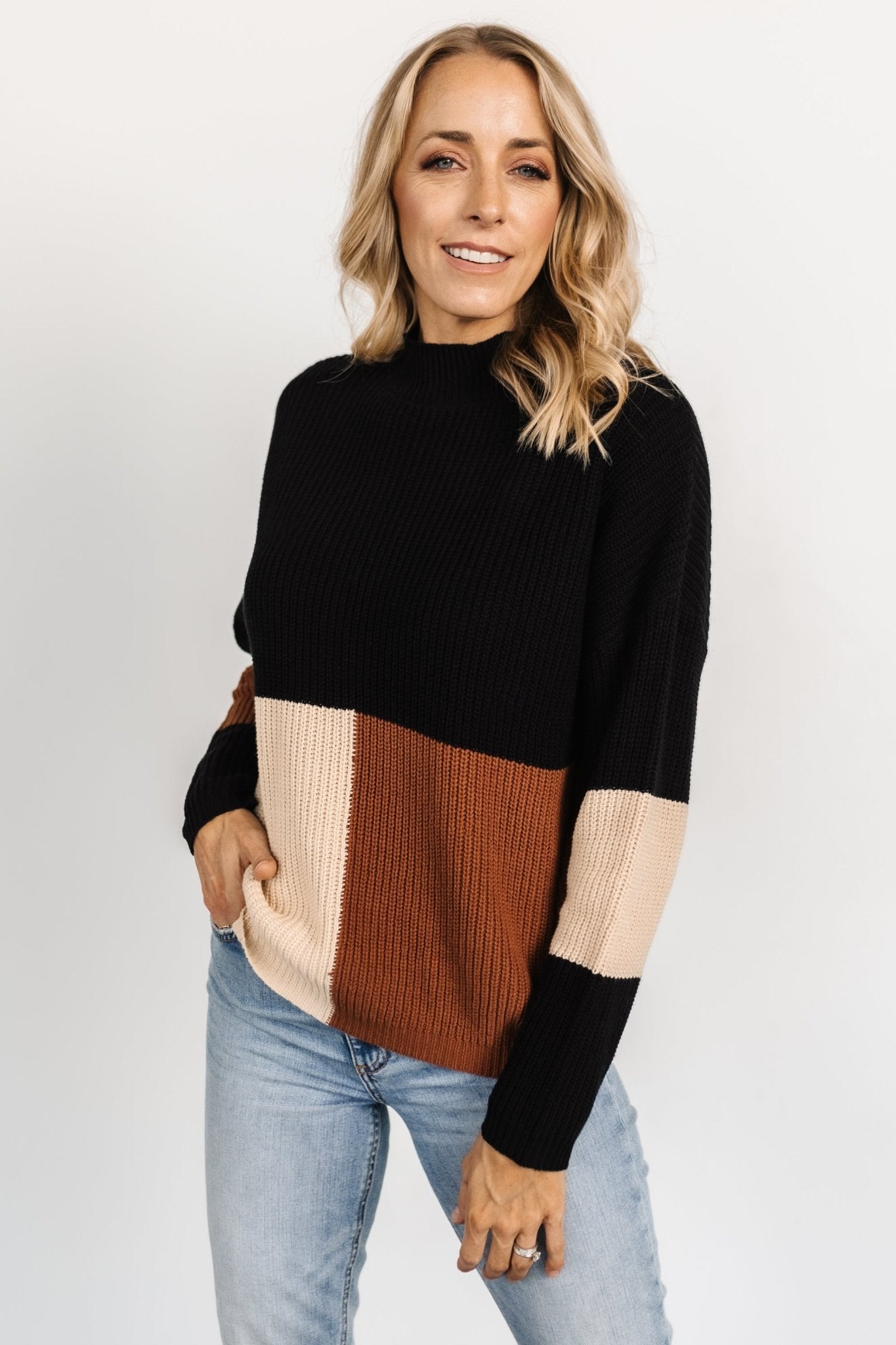 Color Block Knit Sweater with Mock Neck & Drop Shoulders | Dawson