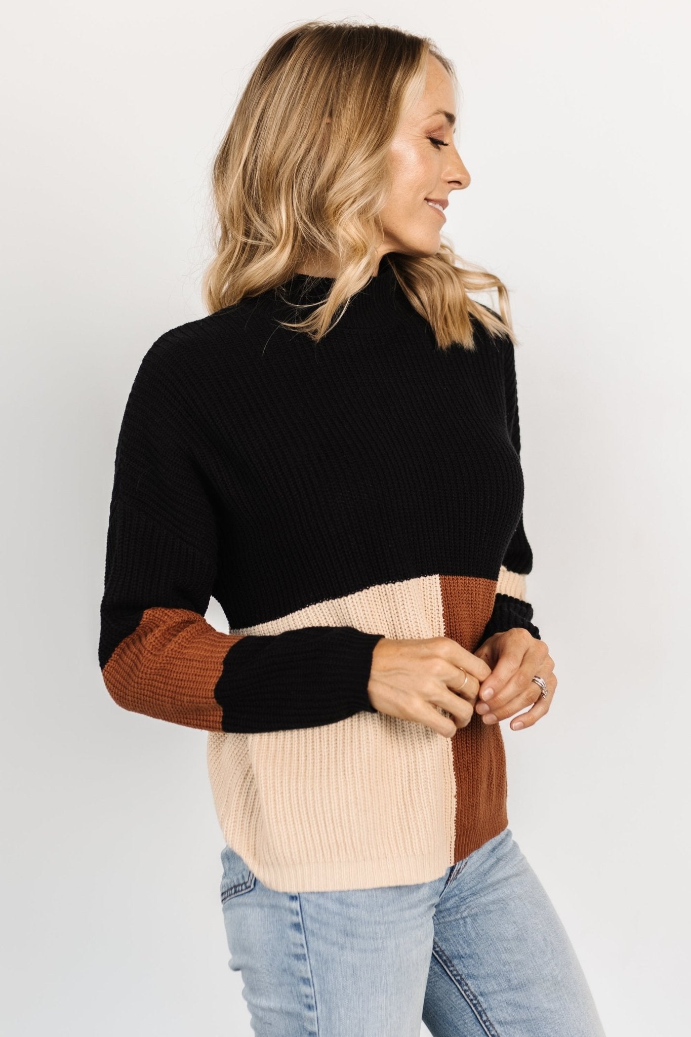 Color Block Knit Sweater with Mock Neck & Drop Shoulders | Dawson