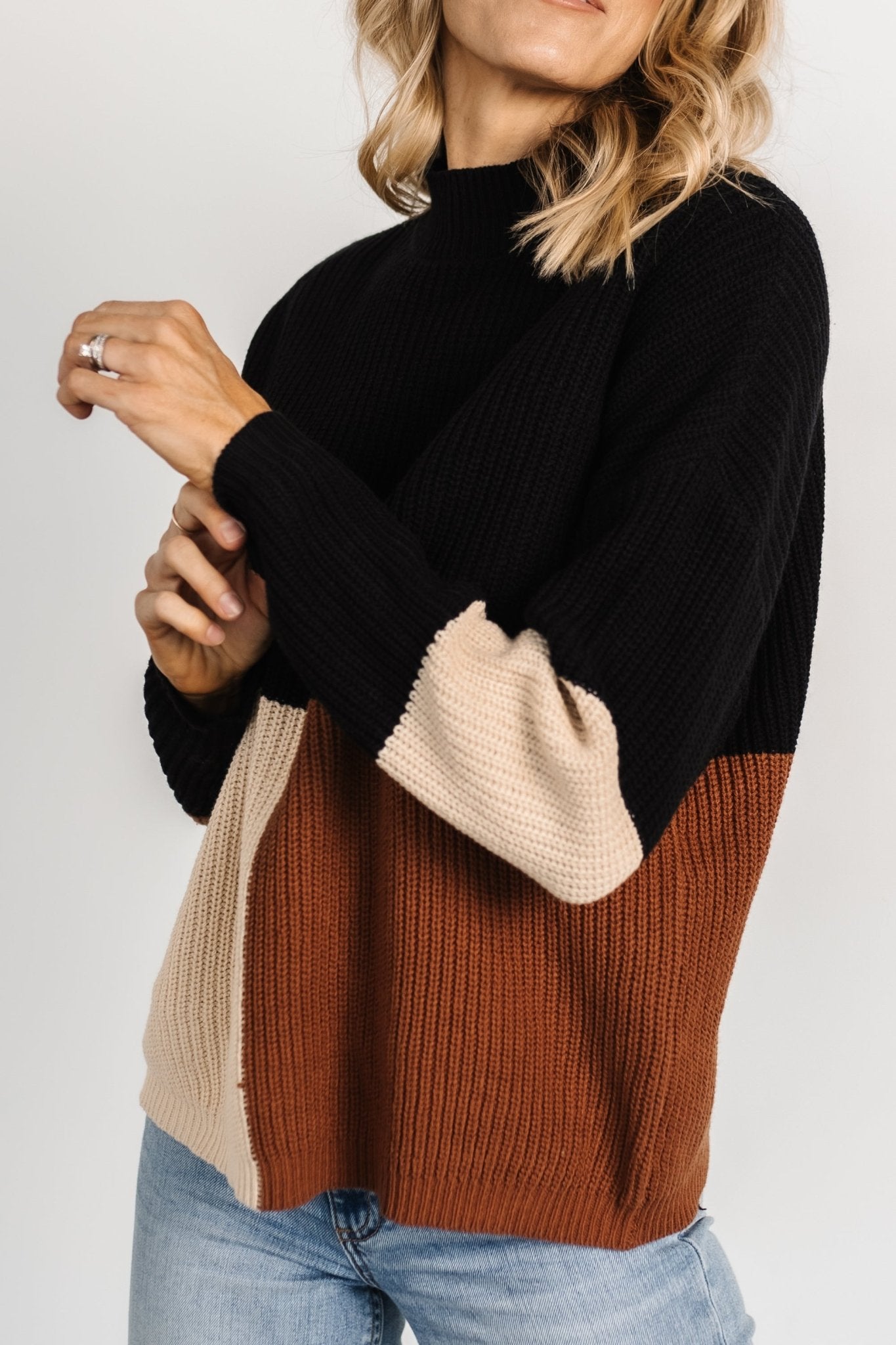 Color Block Knit Sweater with Mock Neck & Drop Shoulders | Dawson